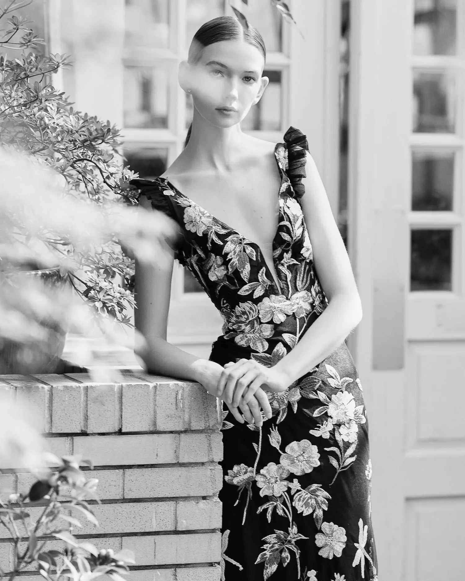 Embroidered Floral Plunge Neck Trumpet Gown - Mac Duggal