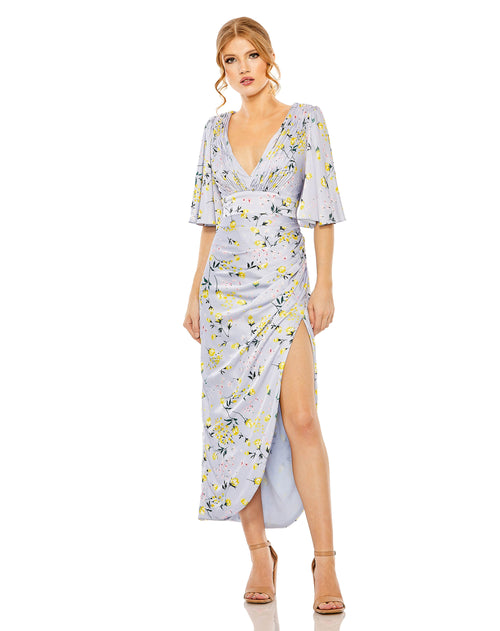 Vestido Charmeuse Floral Print Flutter Sleeve | Amostra | Tamanho 2