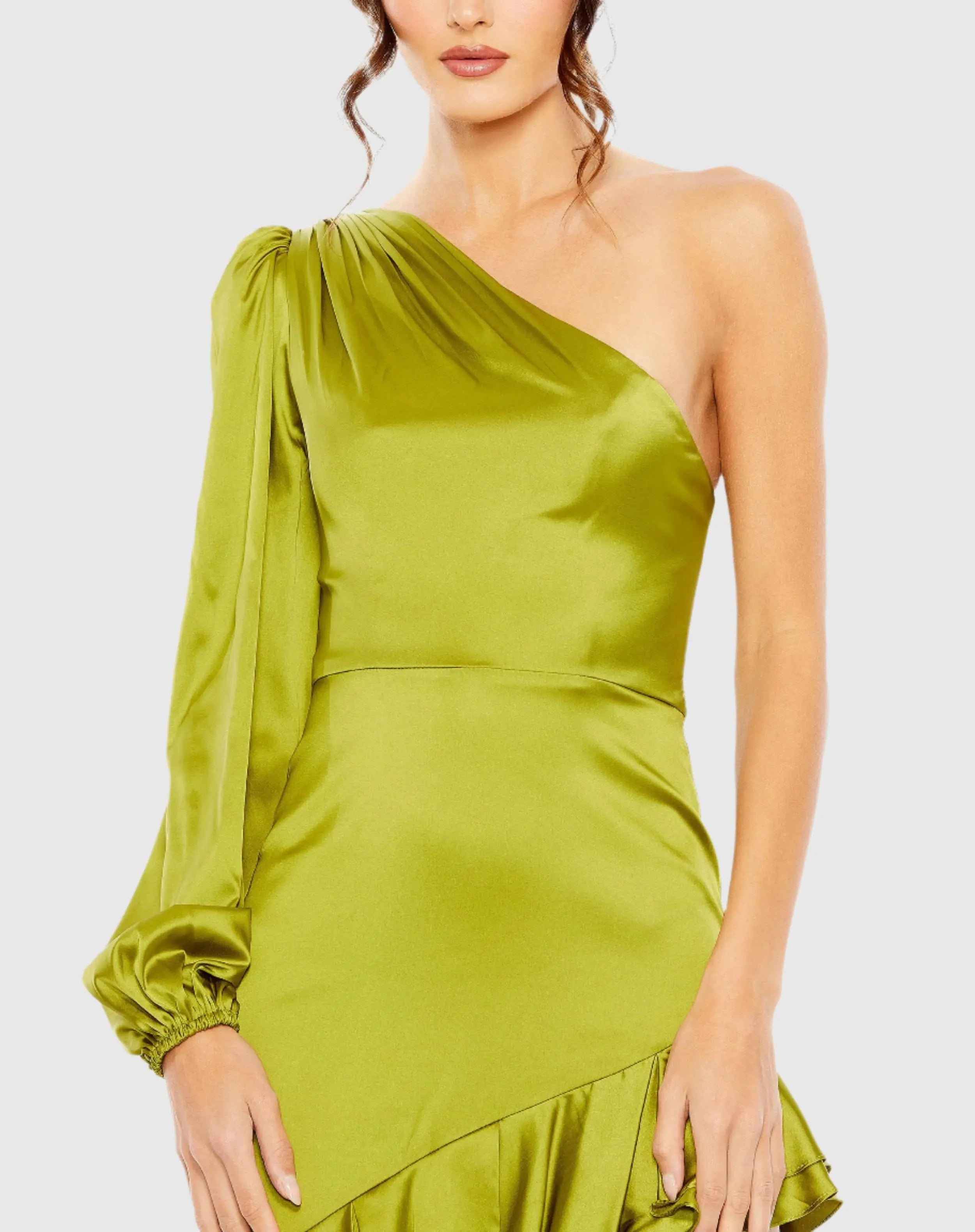 Green Charmeuse One Sleeve Ruffled Asymmetrical Gown - Ieena for Mac Duggal