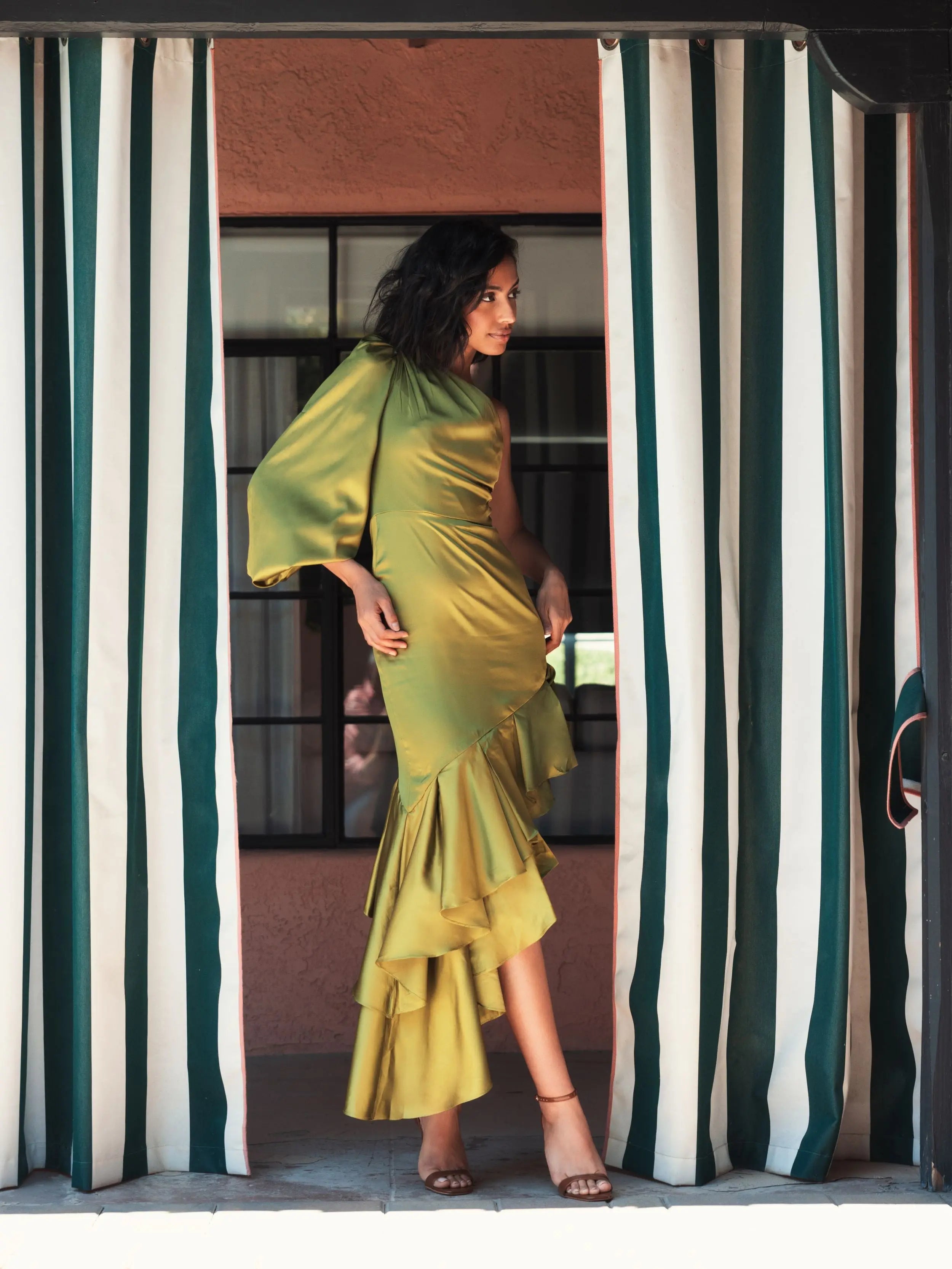 Green Charmeuse One Sleeve Ruffled Asymmetrical Gown - Ieena for Mac Duggal