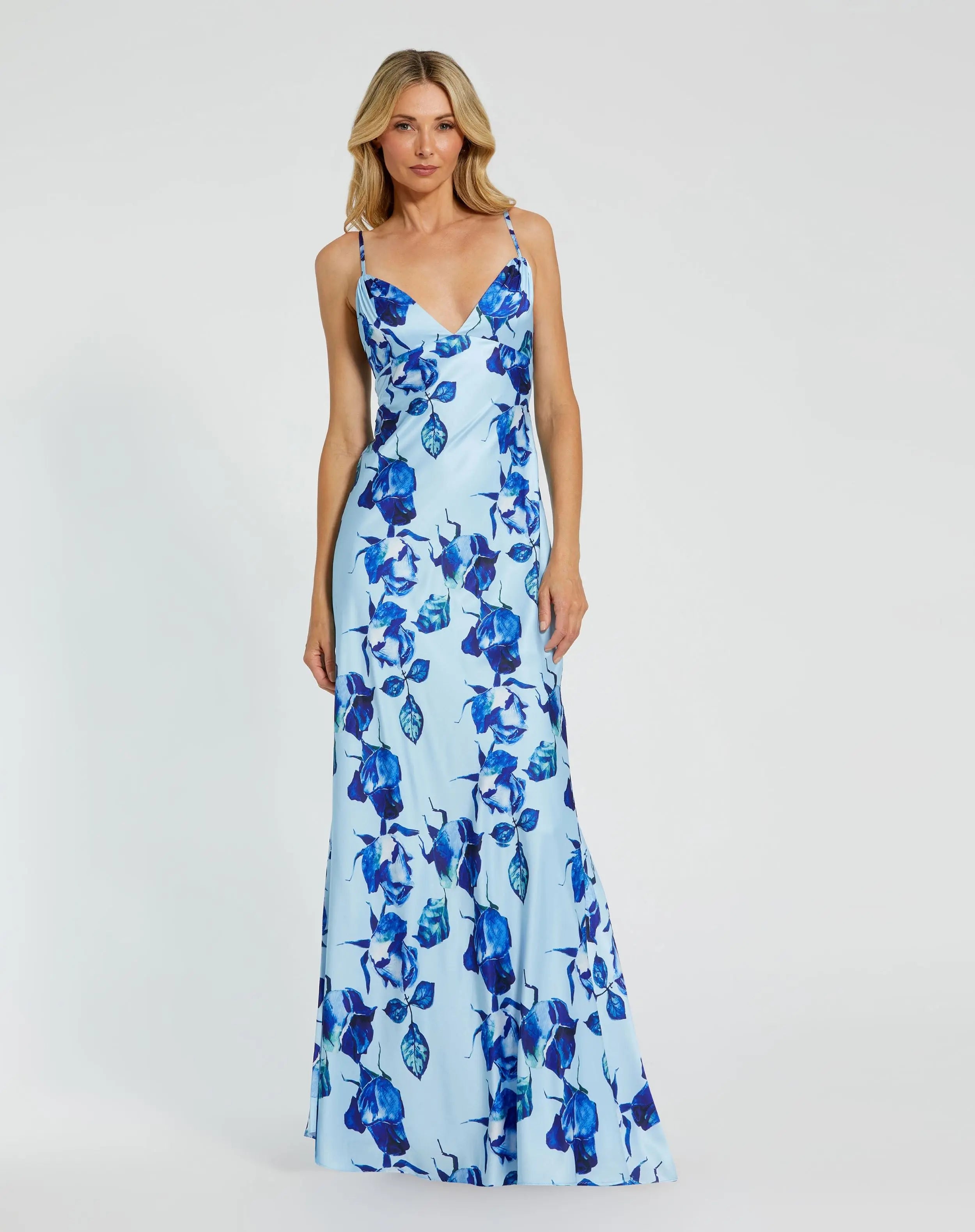 Blue Floral Print Cami Slip Gown - Mac Duggal
