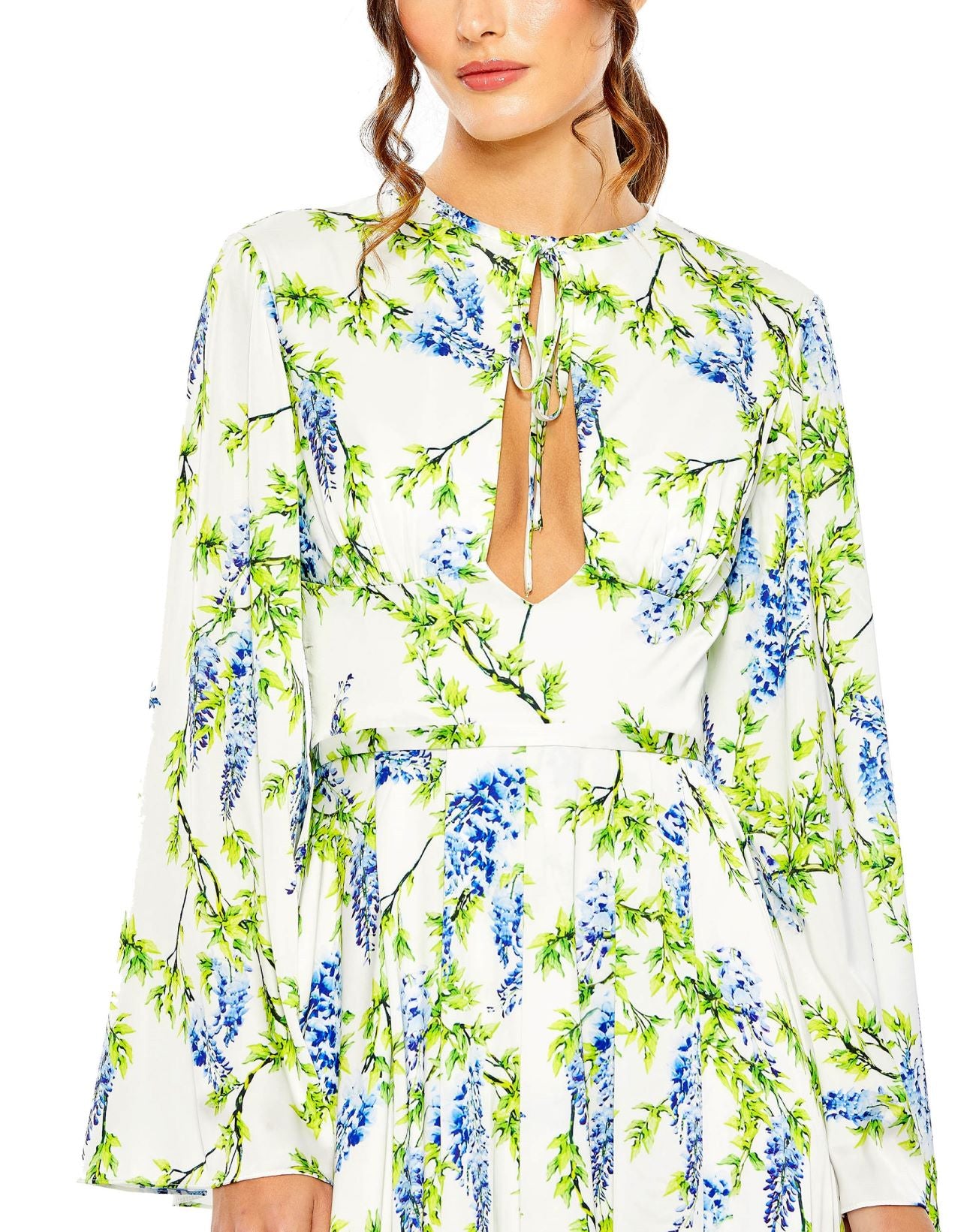 Charmeuse Floral Print Soft Tie Keyhole Bell Sleeve | Échantillon | Taille. 2 