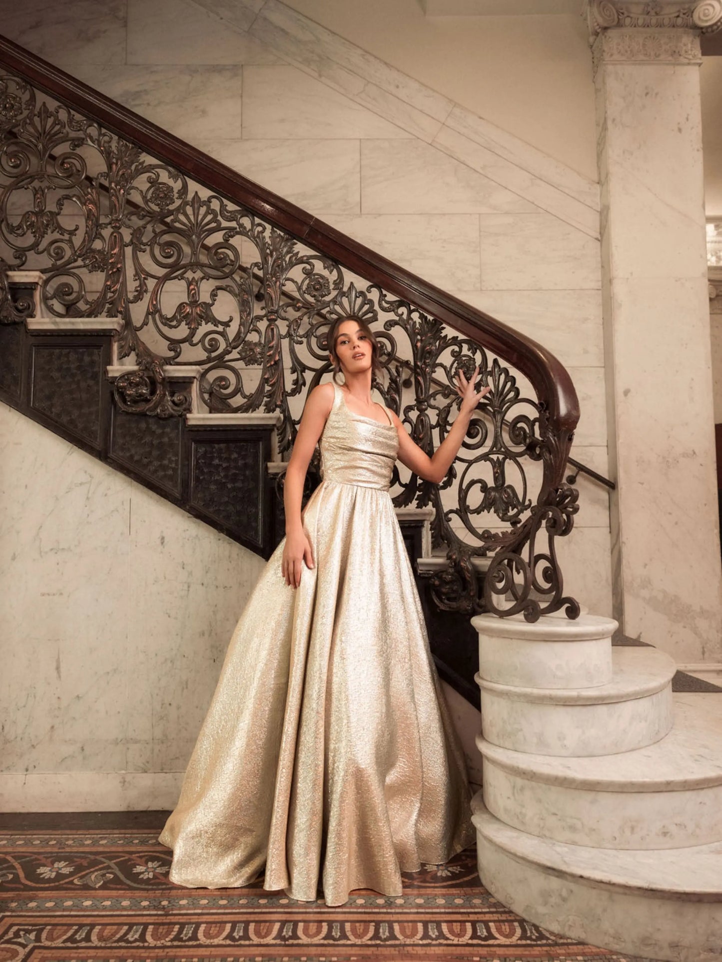 Gold Metallic Pleated Bodice Ballgown - Mac Duggal