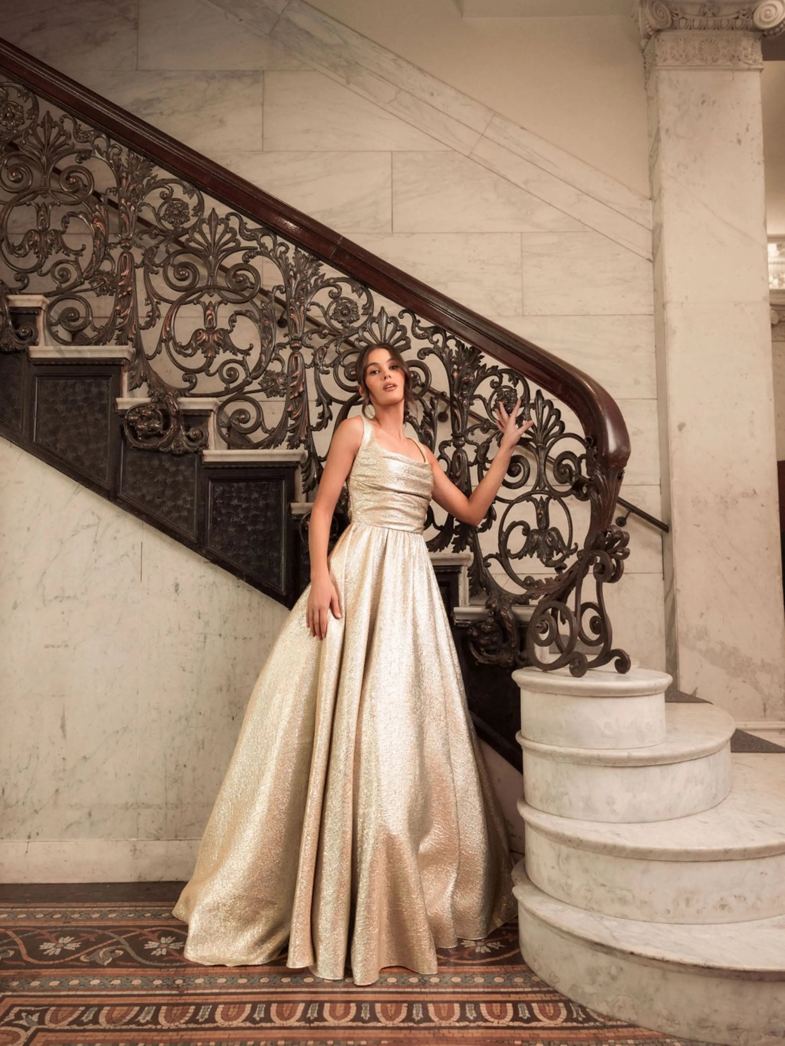 Gold Metallic Pleated Bodice Ballgown - Mac Duggal