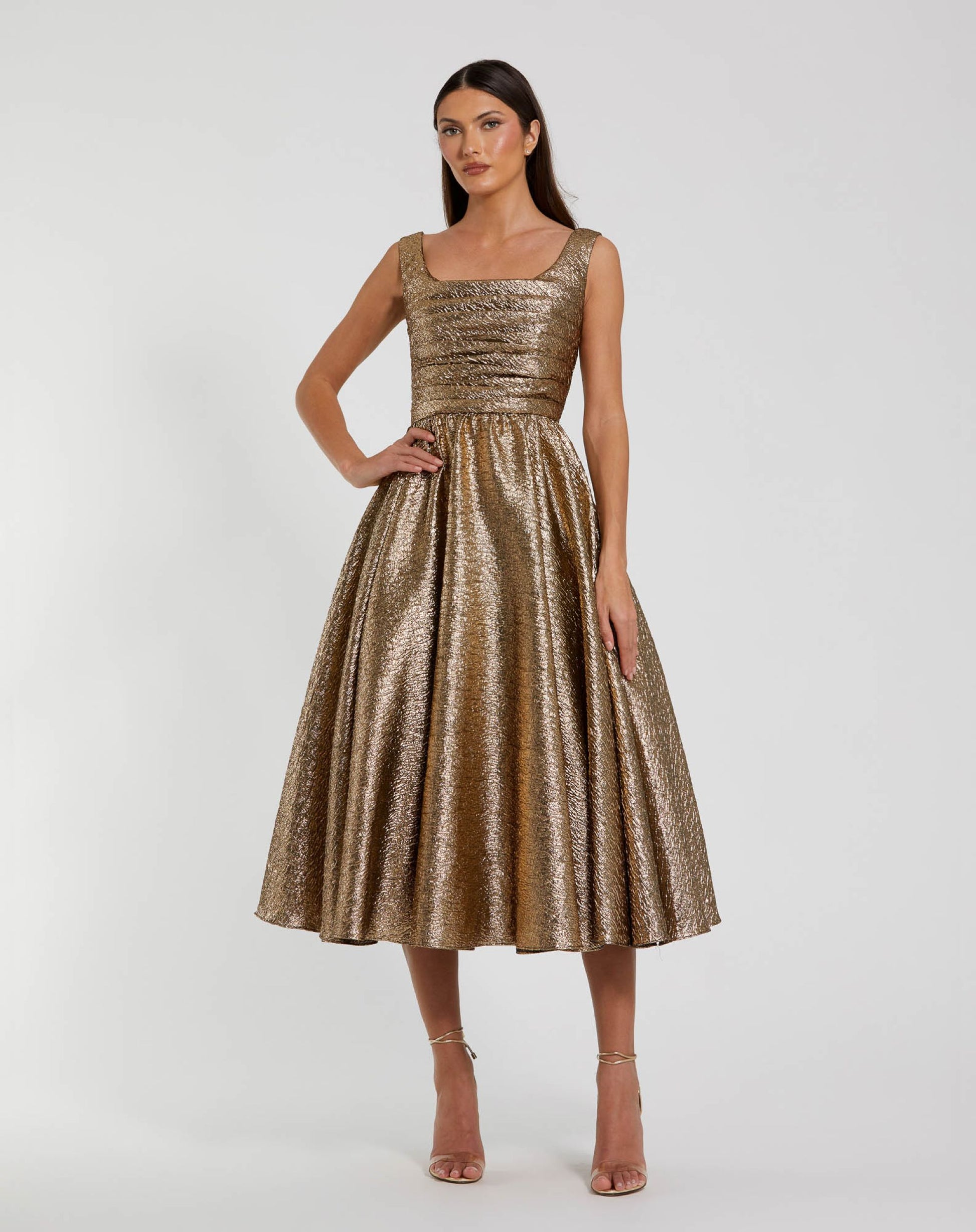 Gold Square Neck Sleeveless Metallic A-Line Dress - Mac Duggal