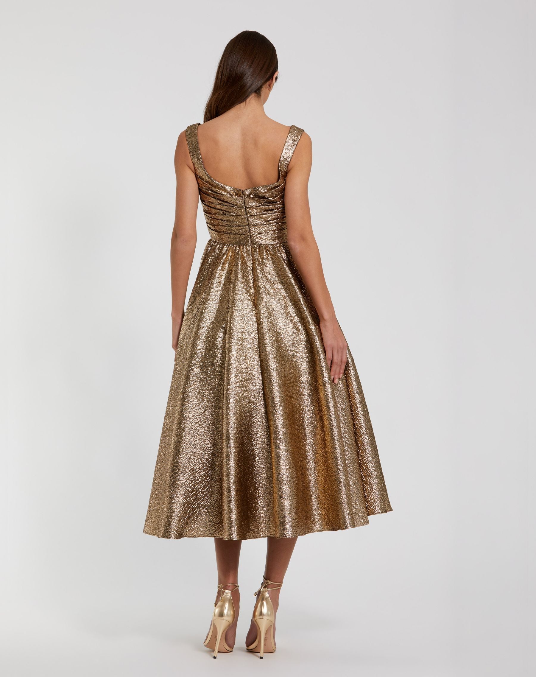 Gold Square Neck Sleeveless Metallic A-Line Dress - Mac Duggal