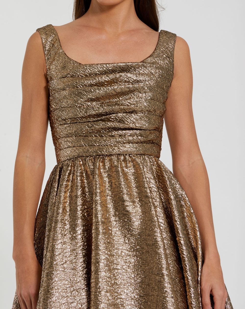 Gold Square Neck Sleeveless Metallic A-Line Dress - Mac Duggal