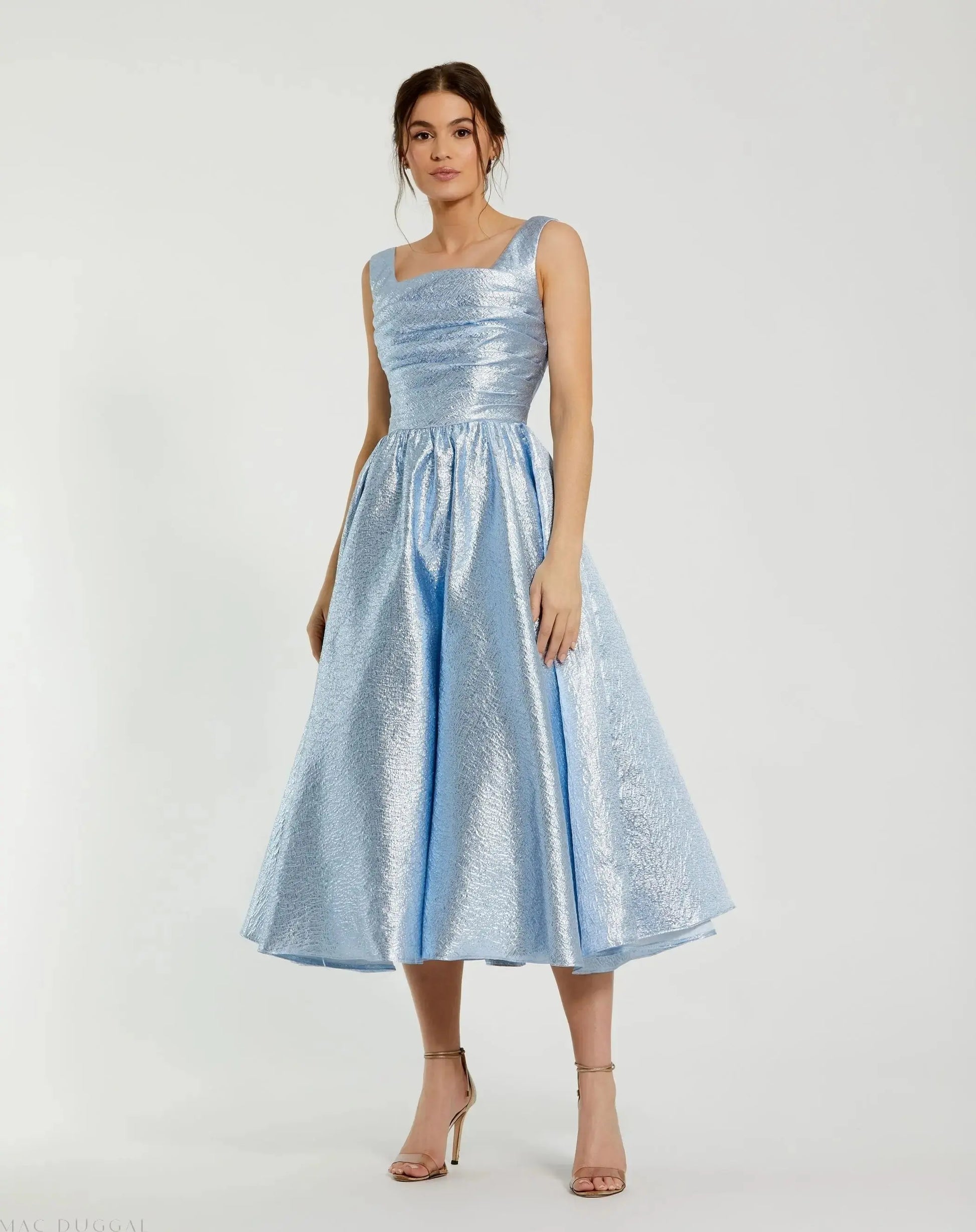 Blue Taffeta Square Neck Sleeveless A-Line Midi Dress | Mac Duggal Blue Taffeta Square Neck Sleeveless A-Line Midi Dress | Mac Duggal