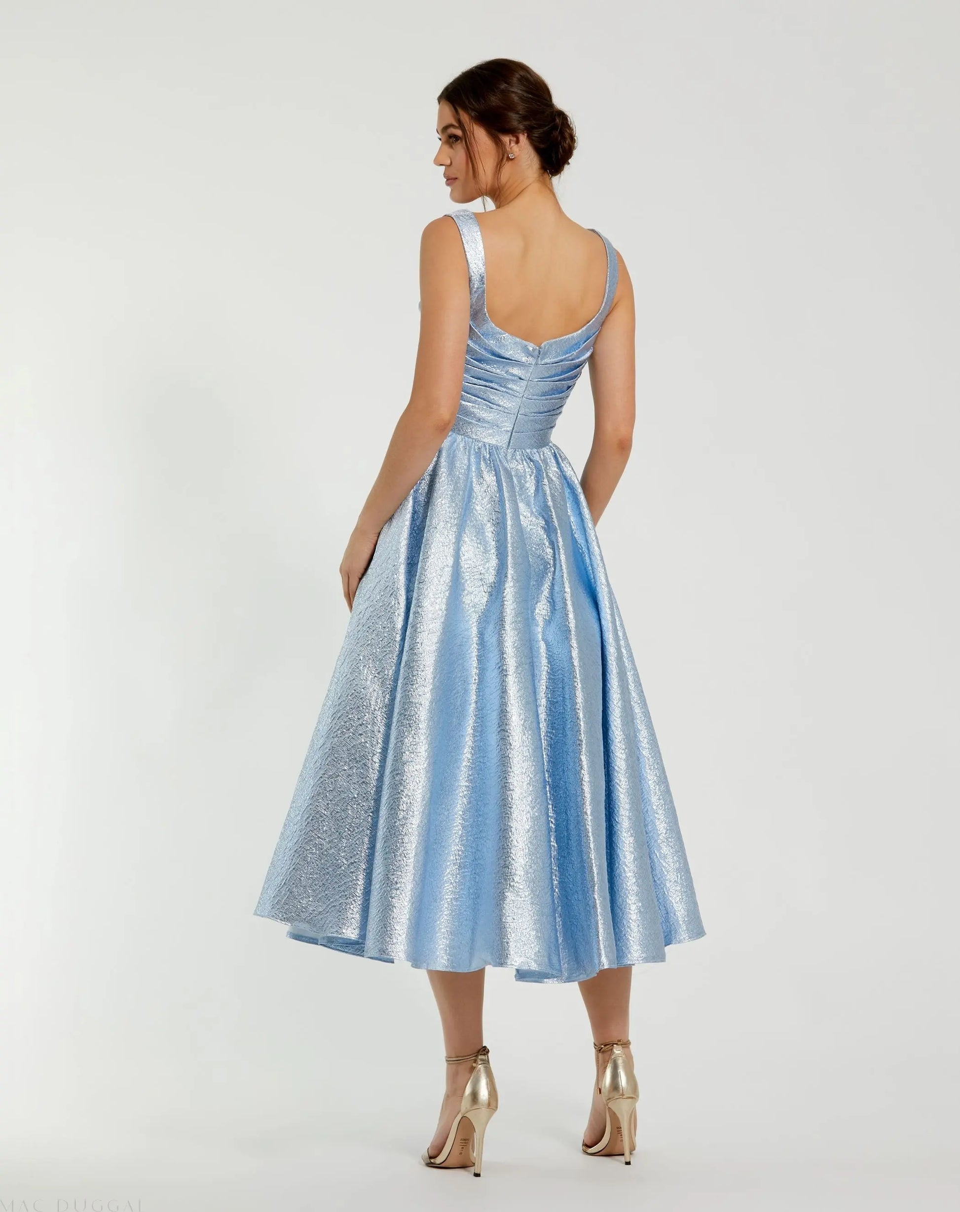 Blue Taffeta Square Neck Sleeveless A-Line Midi Dress | Mac Duggal Blue Taffeta Square Neck Sleeveless A-Line Midi Dress | Mac Duggal