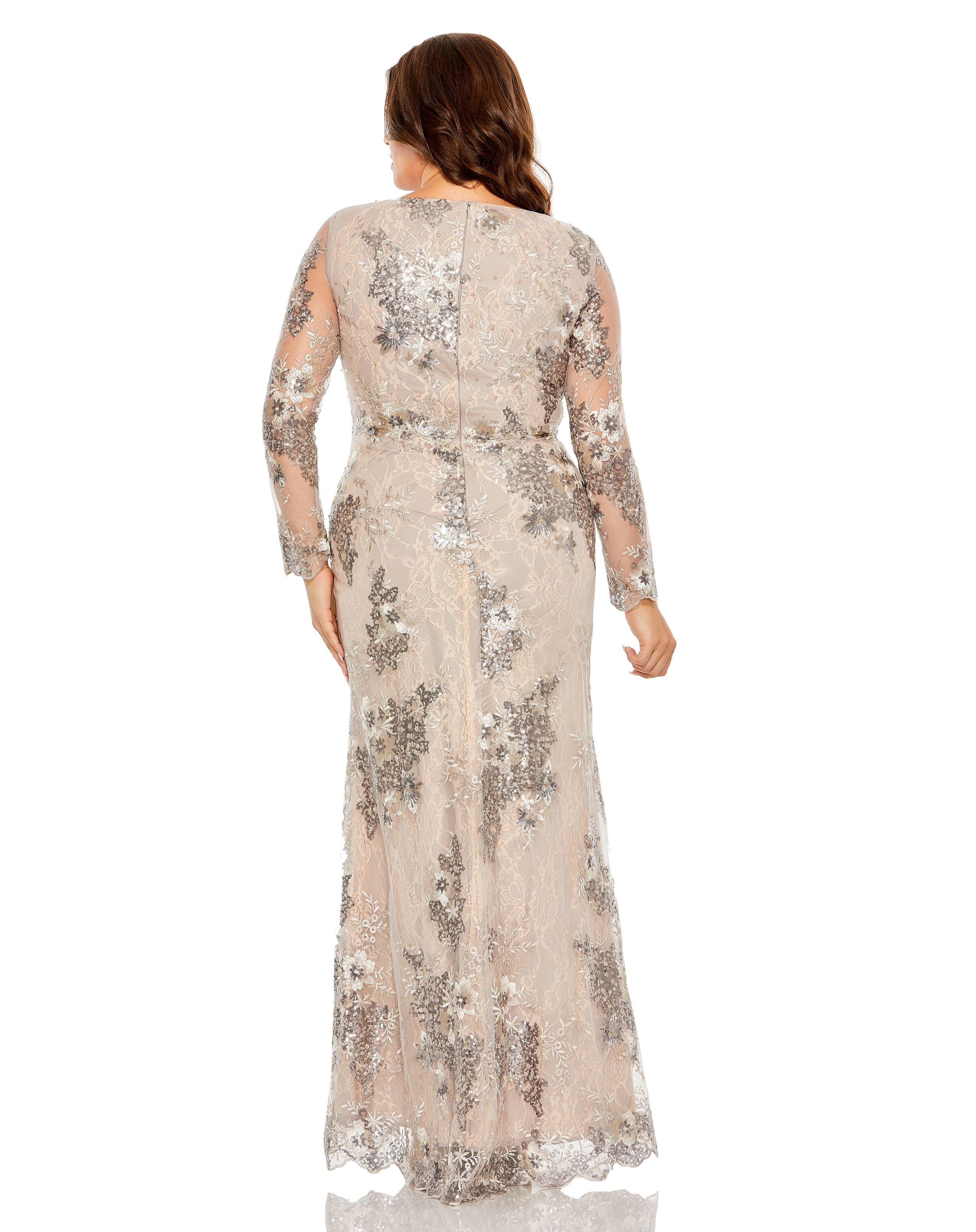 V Neck Mesh Long Sleeve Embroidered Gown
