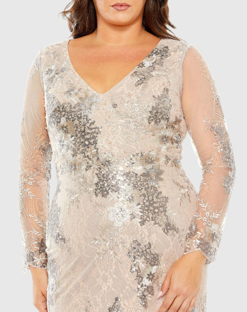 V Neck Mesh Long Sleeve Embroidered Gown