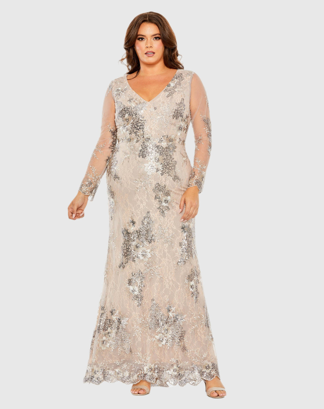 V Neck Mesh Long Sleeve Embroidered Gown