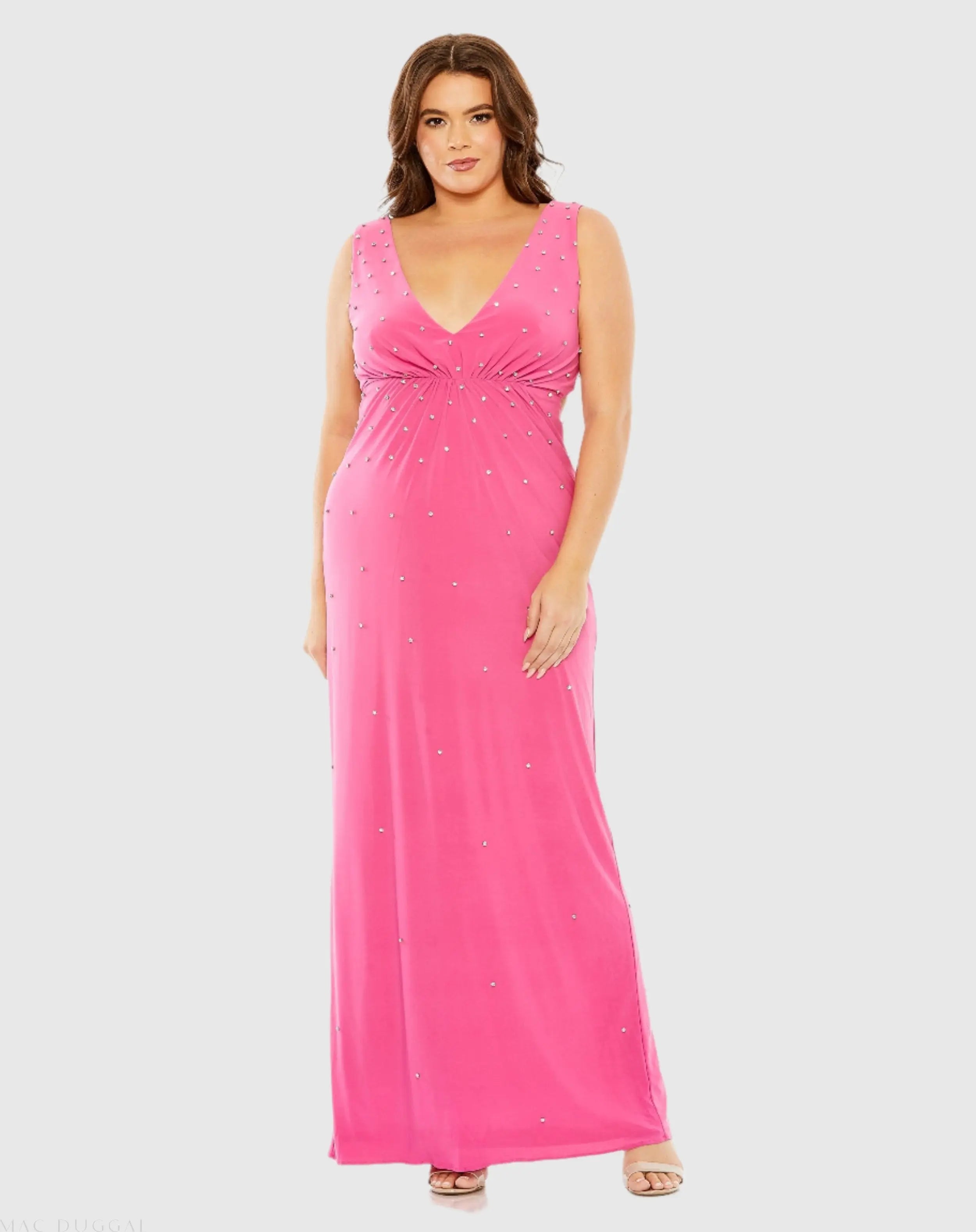 Pink Rhinestone Embellished Open Back Jersey Gown (Plus) - Mac Duggal