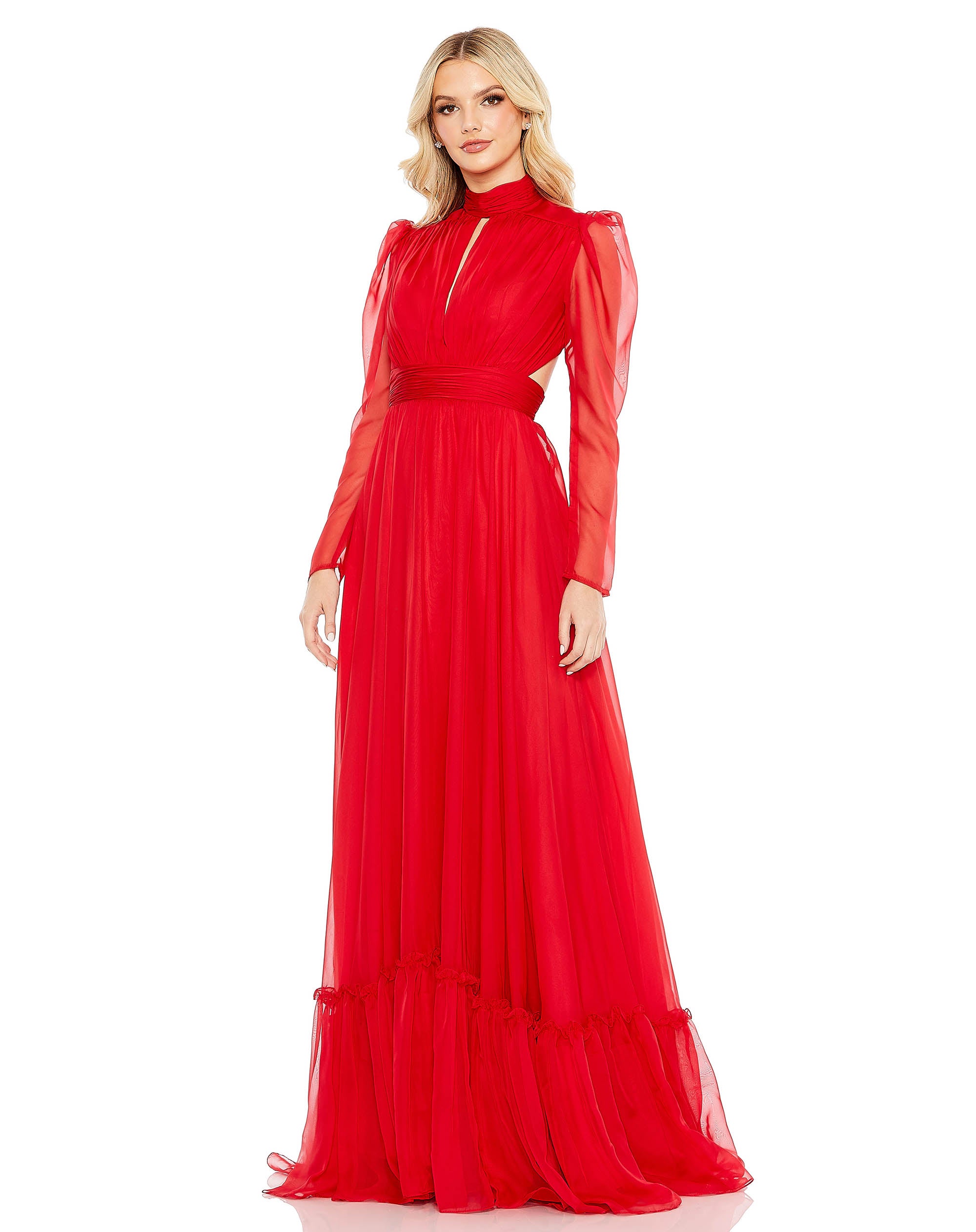 Chiffon High Neck Keyhole Puff Sleeve Lace Up Gown