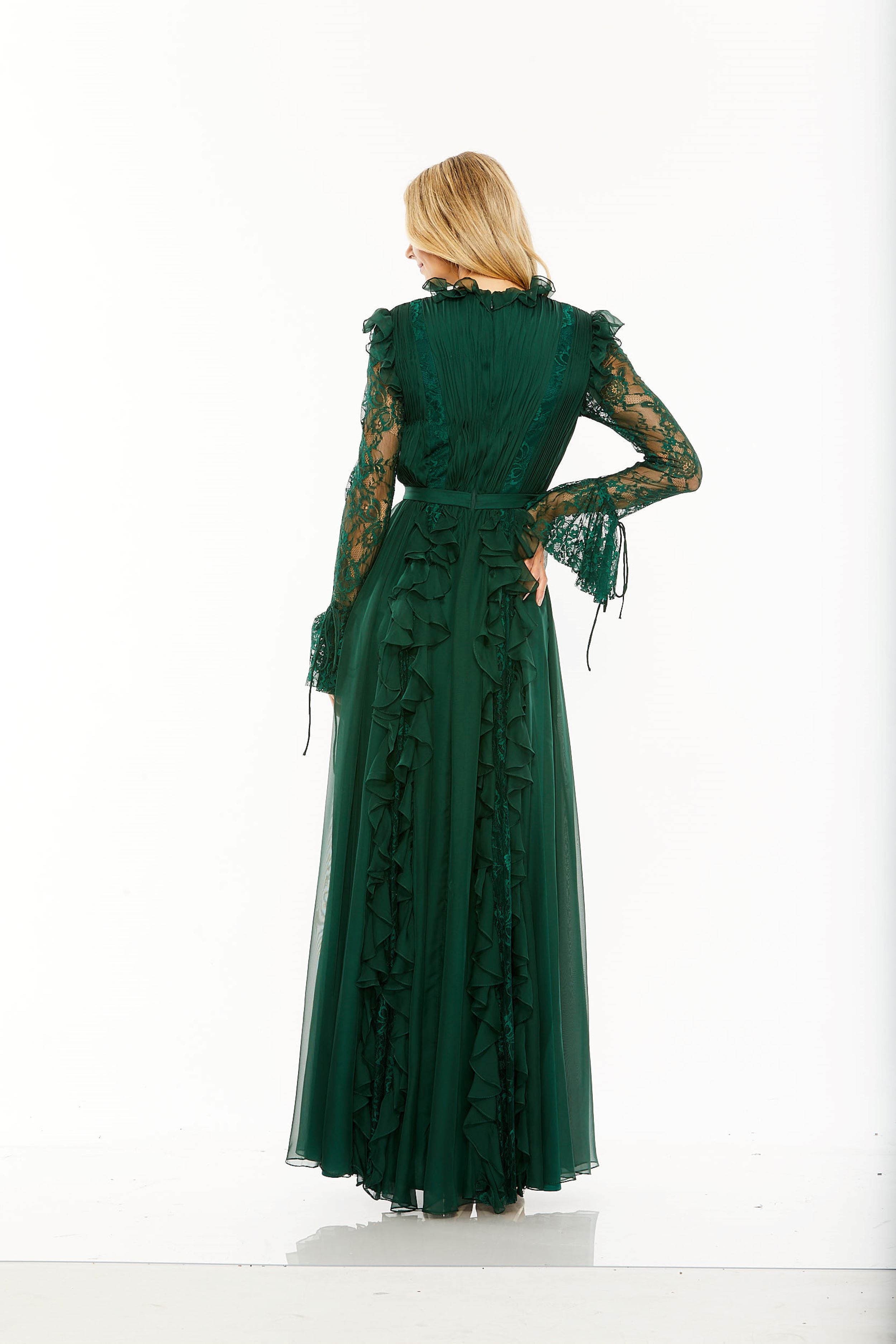 Long Lace Sleeve Ruffle Gown | Sample | Sz. 2