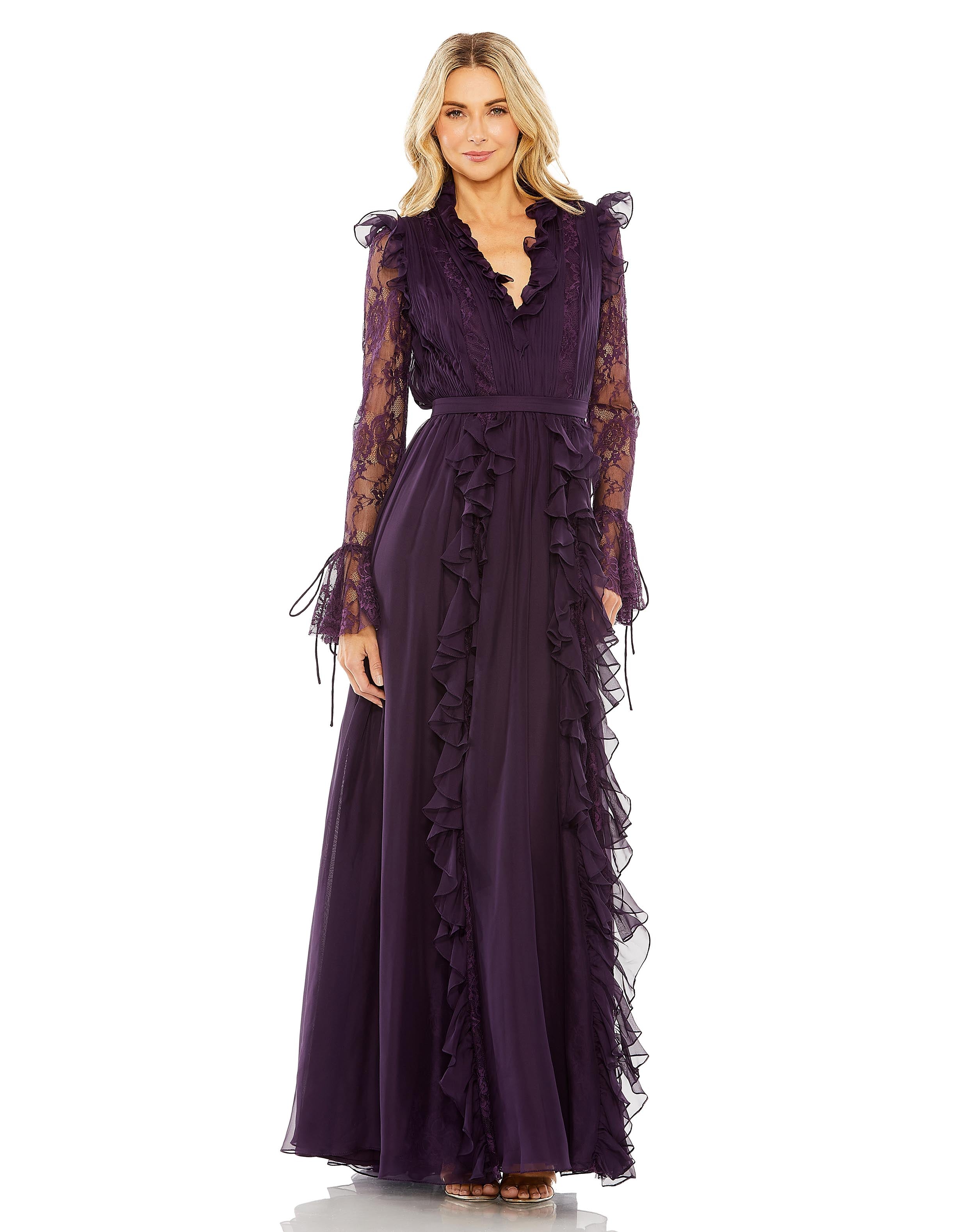 Long Lace Sleeve Ruffle Gown | Sample | Sz. 2