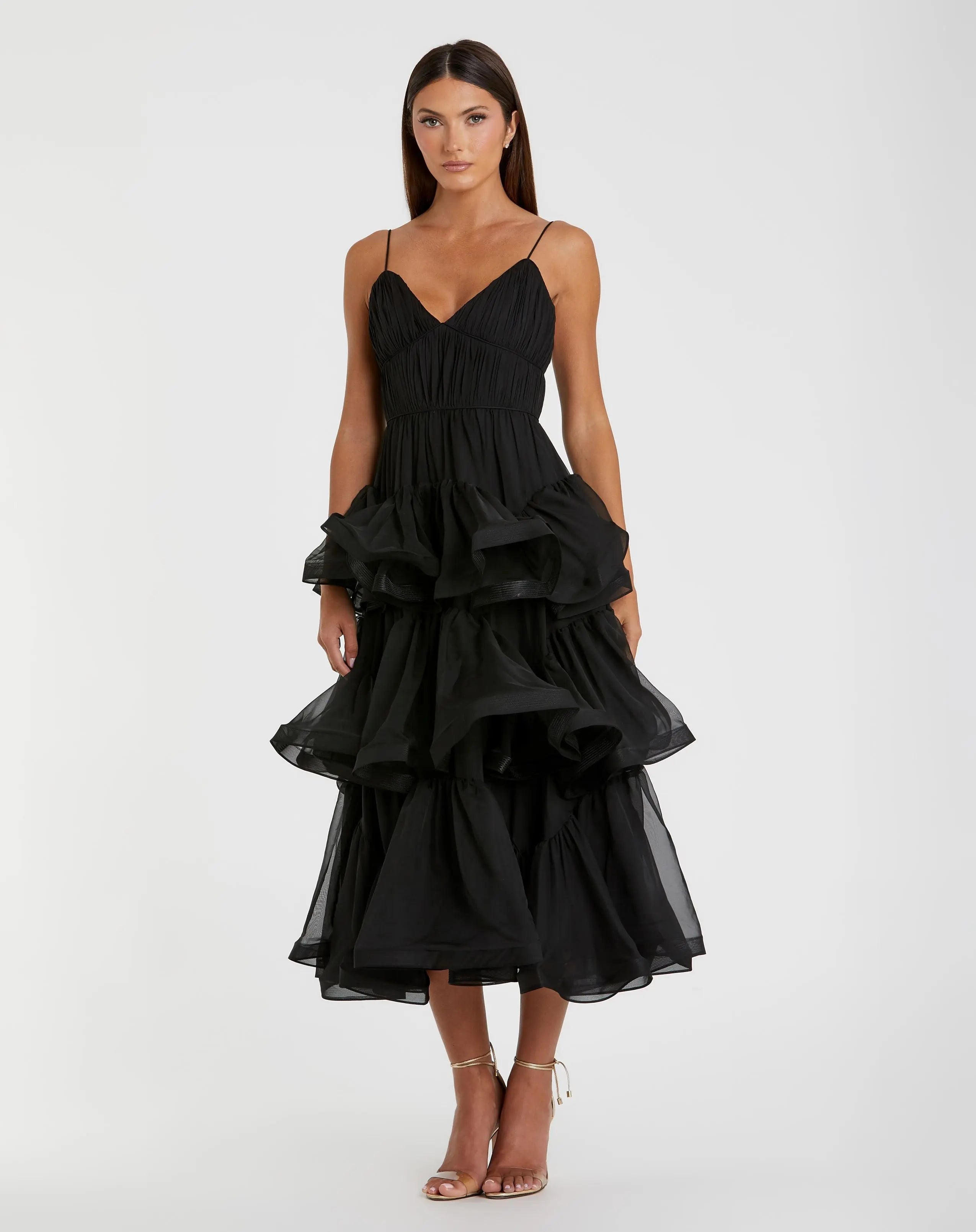 Black Tiered V-Neck Dress - Ieena for Mac Duggal