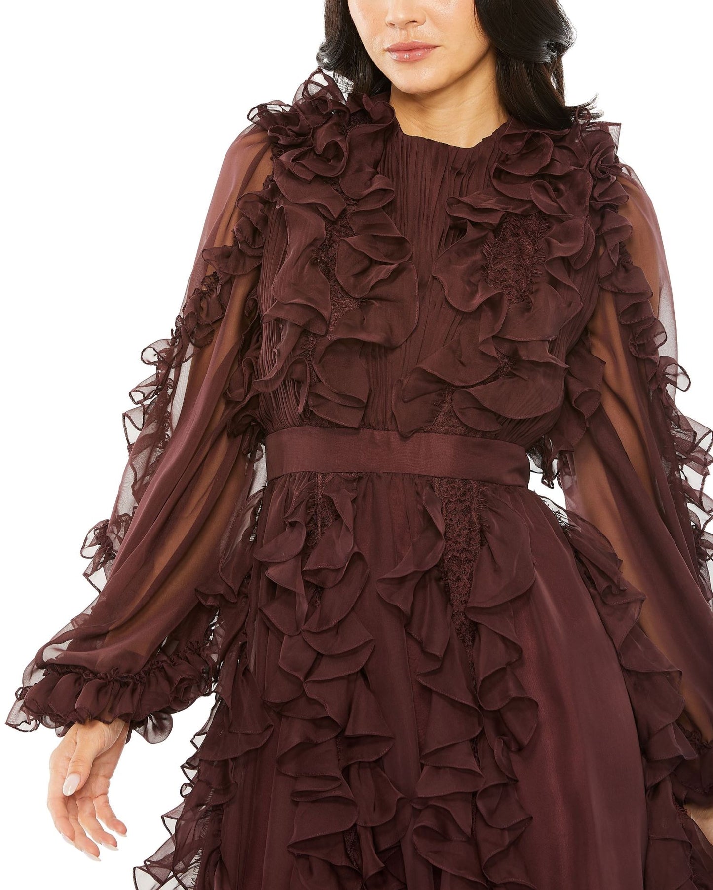 High Neck Ruffle Detail Long Puff Sleeve Dress | Sample | Sz. 2