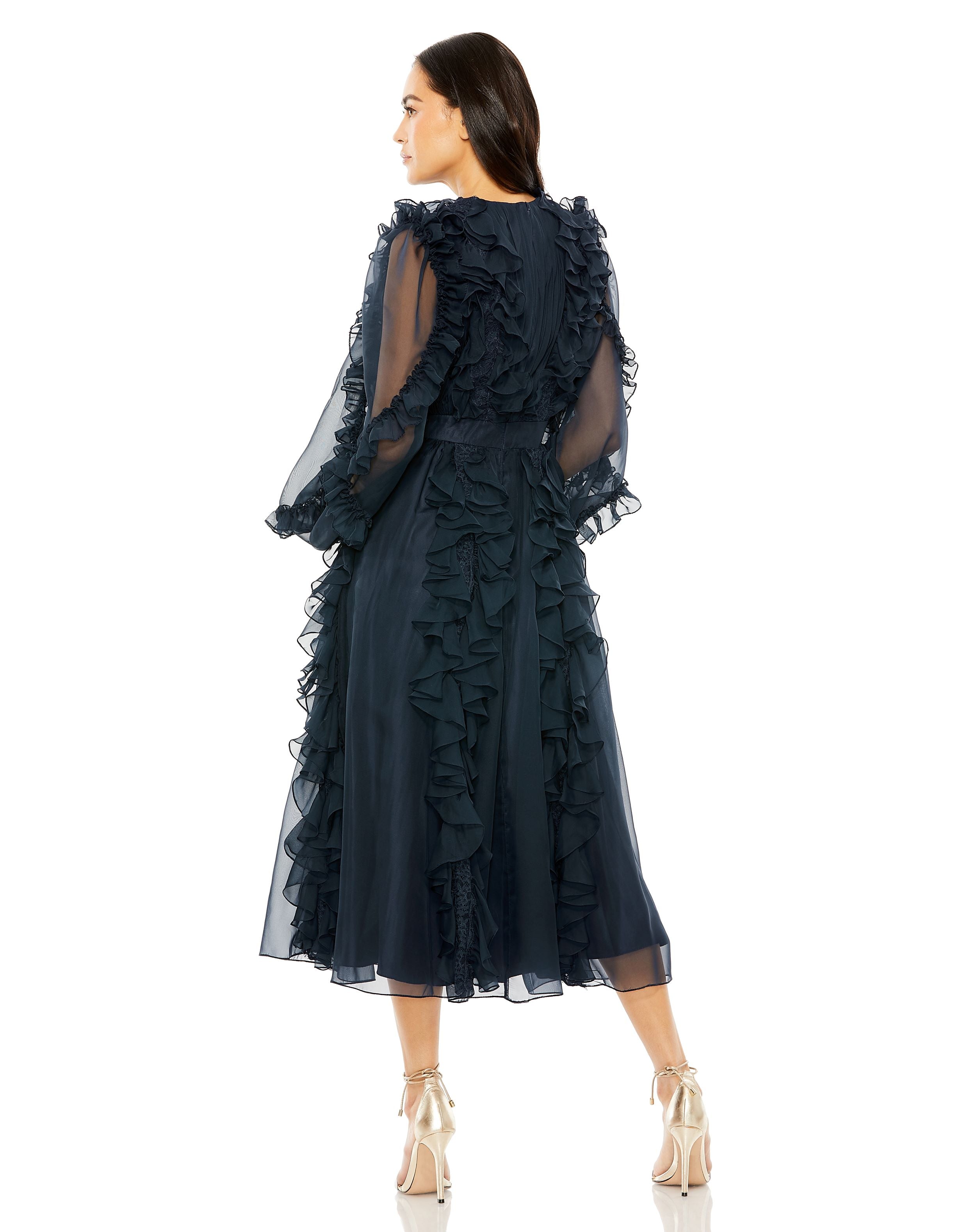 High Neck Ruffle Detail Long Puff Sleeve Dress | Sample | Sz. 2
