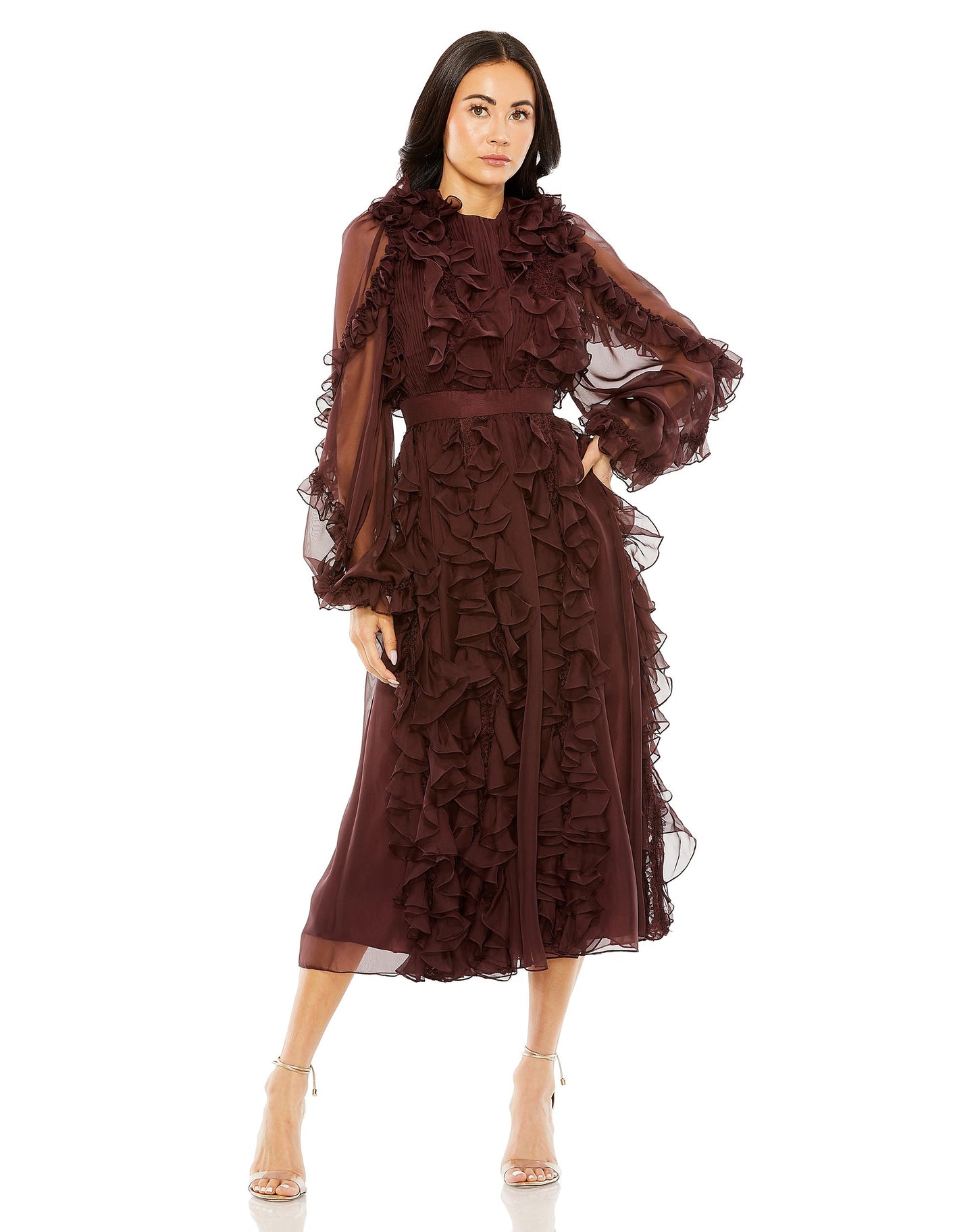 High Neck Ruffle Detail Long Puff Sleeve Dress | Sample | Sz. 2