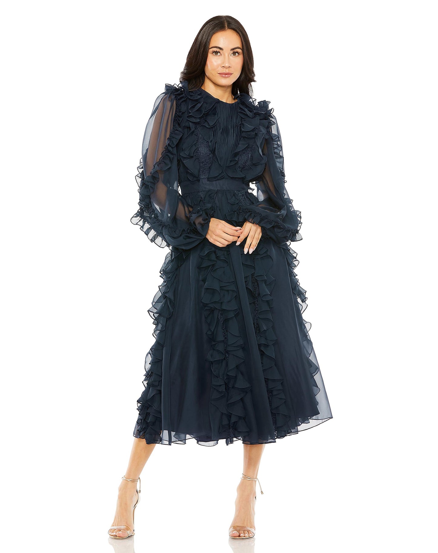 High Neck Ruffle Detail Long Puff Sleeve Dress | Sample | Sz. 2