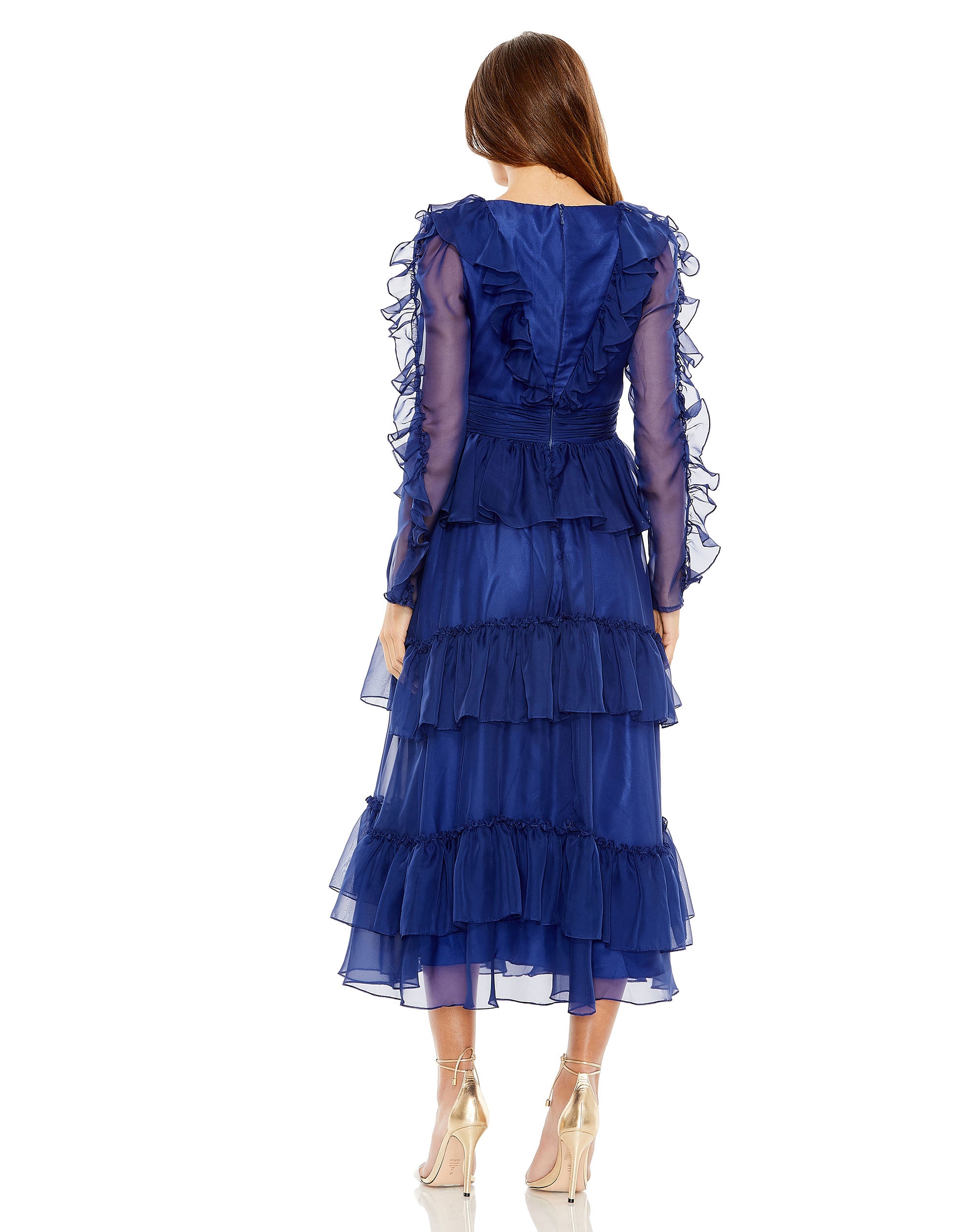 V Neck Ruffle Tiered Mesh Sleeve Dress | Sample | Sz. 2