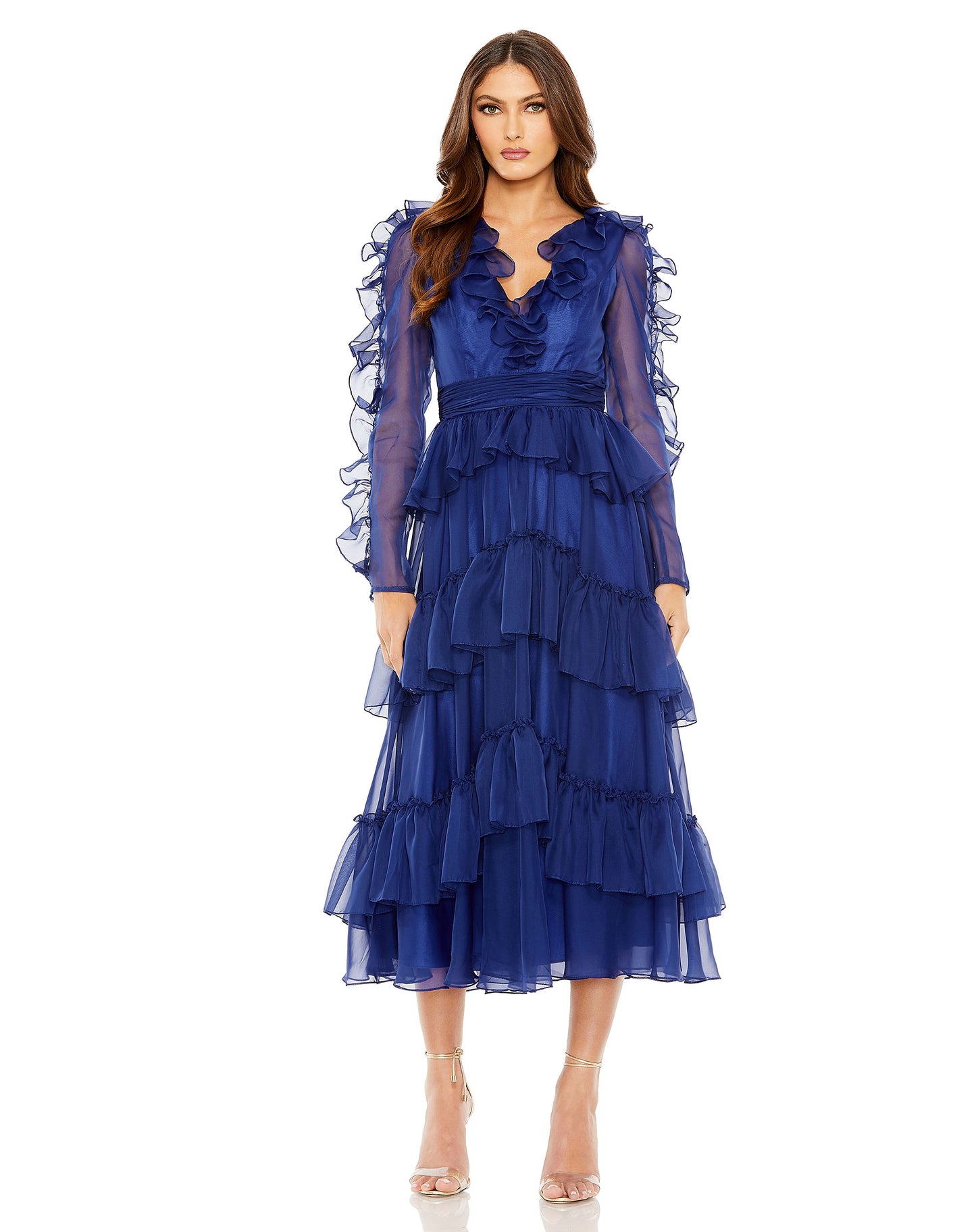 V Neck Ruffle Tiered Mesh Sleeve Dress | Sample | Sz. 2