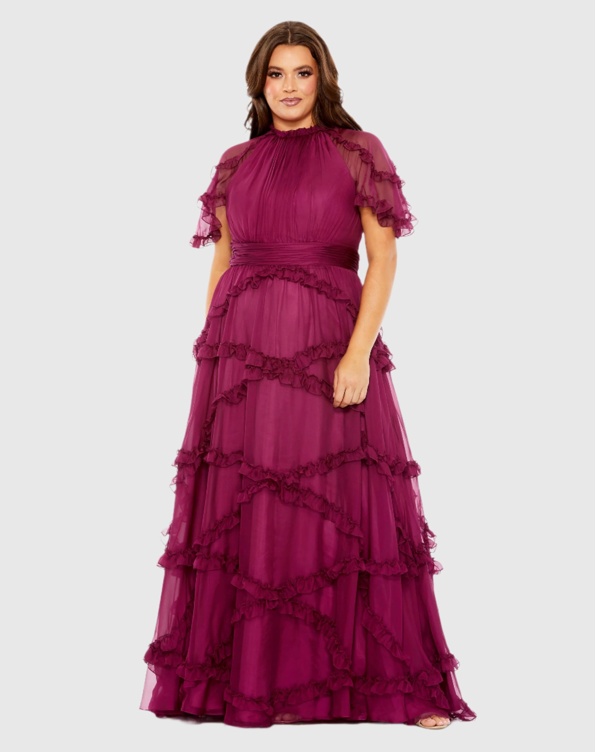 High Neck Ruffle Tiered Flutter Sleeve Gown