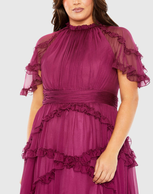 High Neck Ruffle Tiered Flutter Sleeve Gown