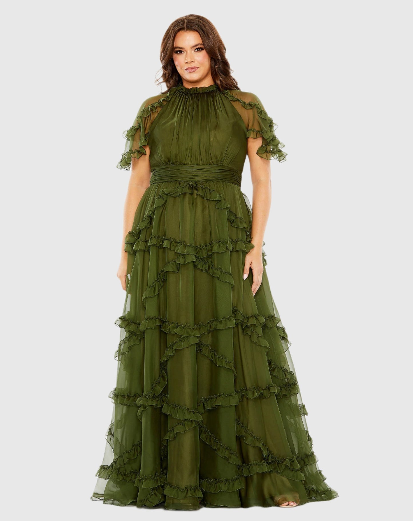 High Neck Ruffle Tiered Flutter Sleeve Gown