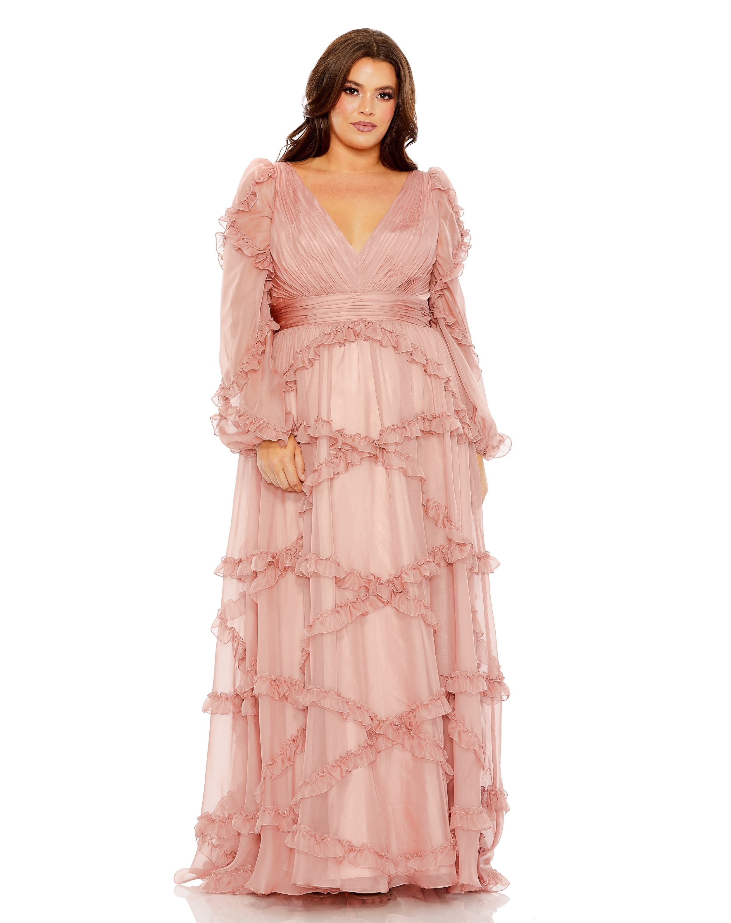 V Neck Ruffle Tiered Puff Sleeve Gown