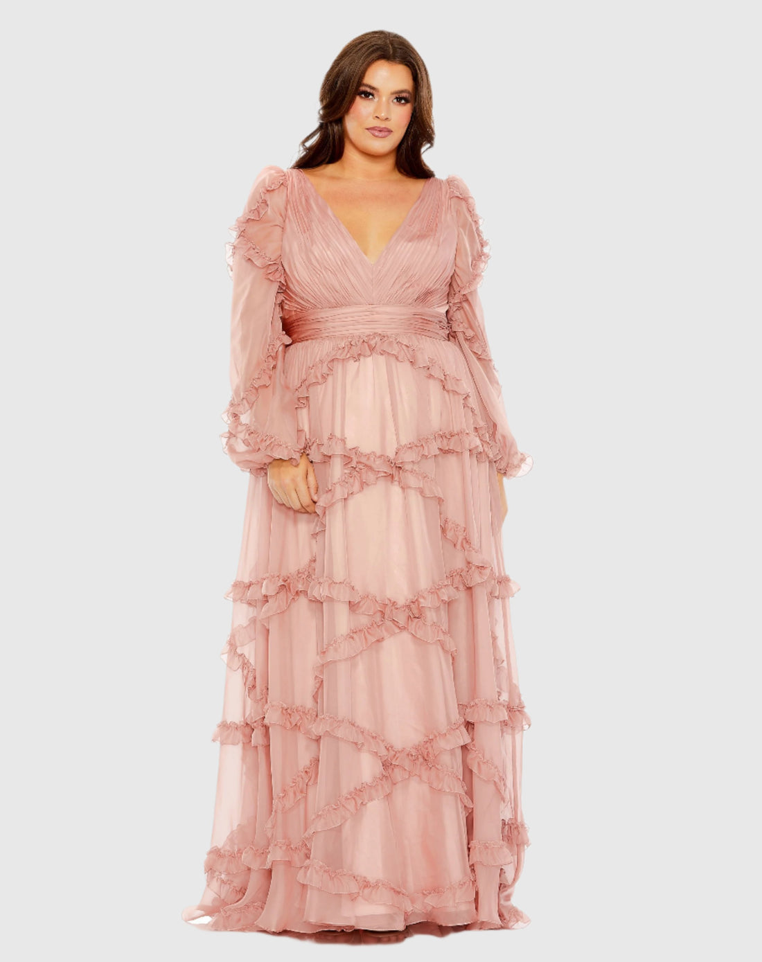 V Neck Ruffle Tiered Puff Sleeve Gown