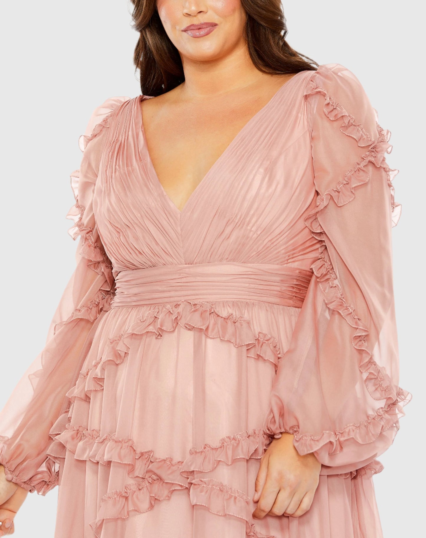 V Neck Ruffle Tiered Puff Sleeve Gown