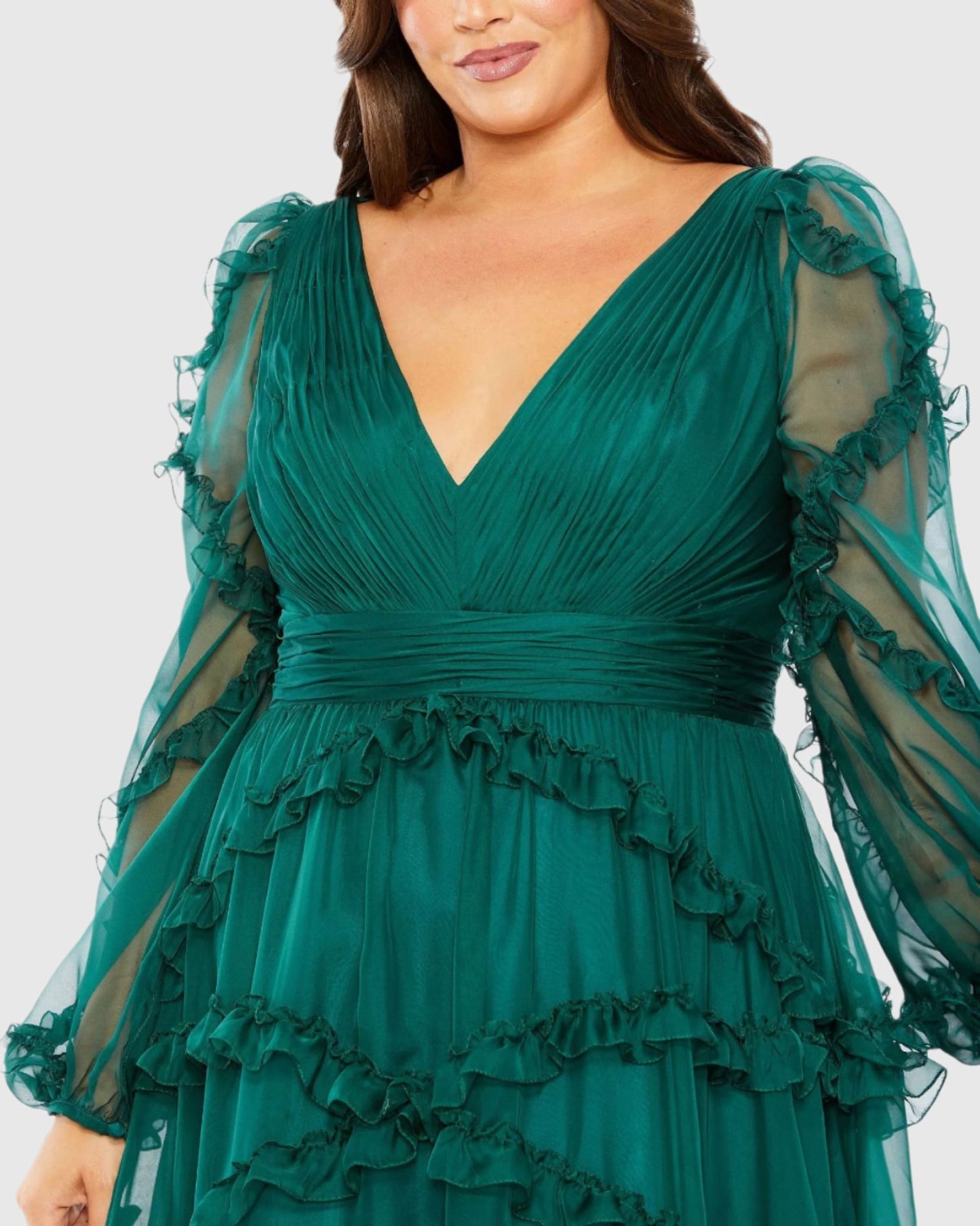 V Neck Ruffle Tiered Puff Sleeve Gown