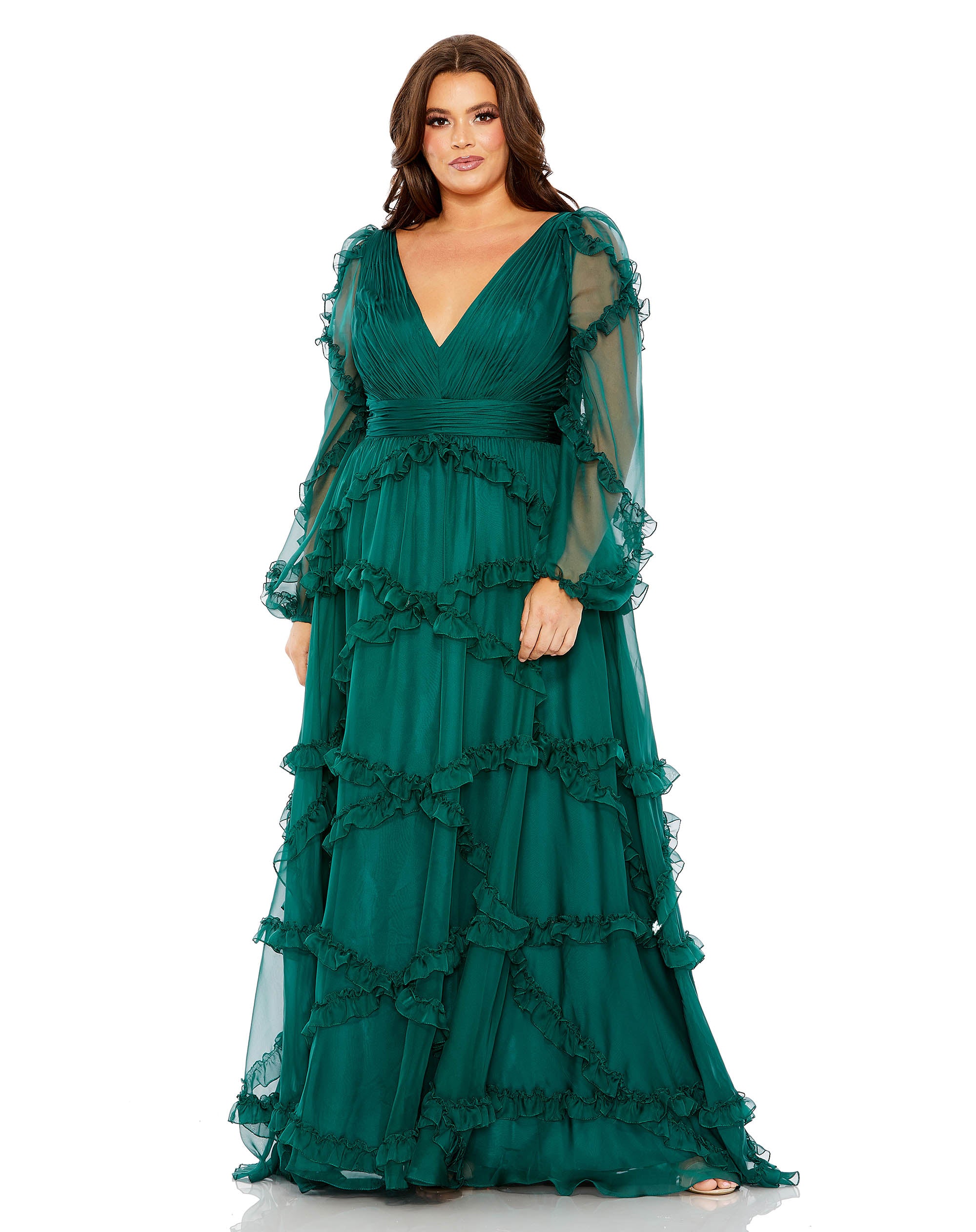V Neck Ruffle Tiered Puff Sleeve Gown