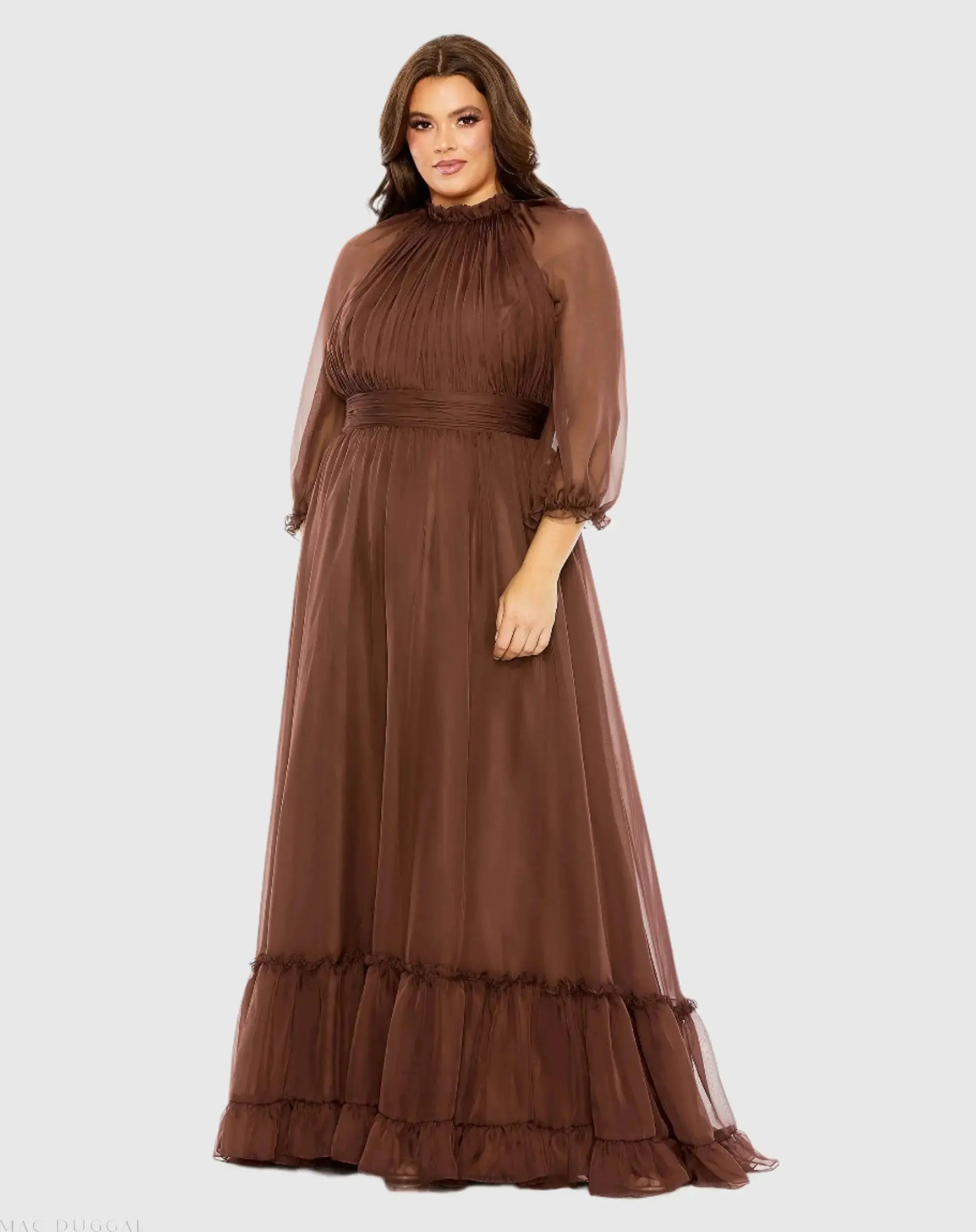 Brown High Neck Puff Sleeve Tiered A Line Gown - Mac Duggal