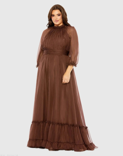 Brown High Neck Puff Sleeve Tiered A Line Gown - Mac Duggal
