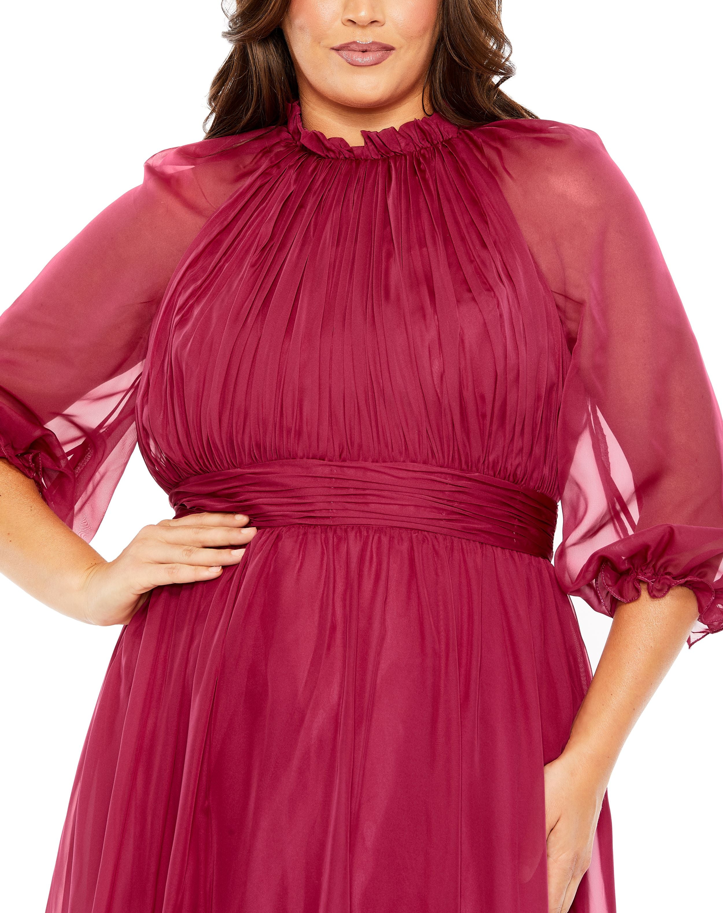 High Neck Puff Sleeve Tiered A Line Gown