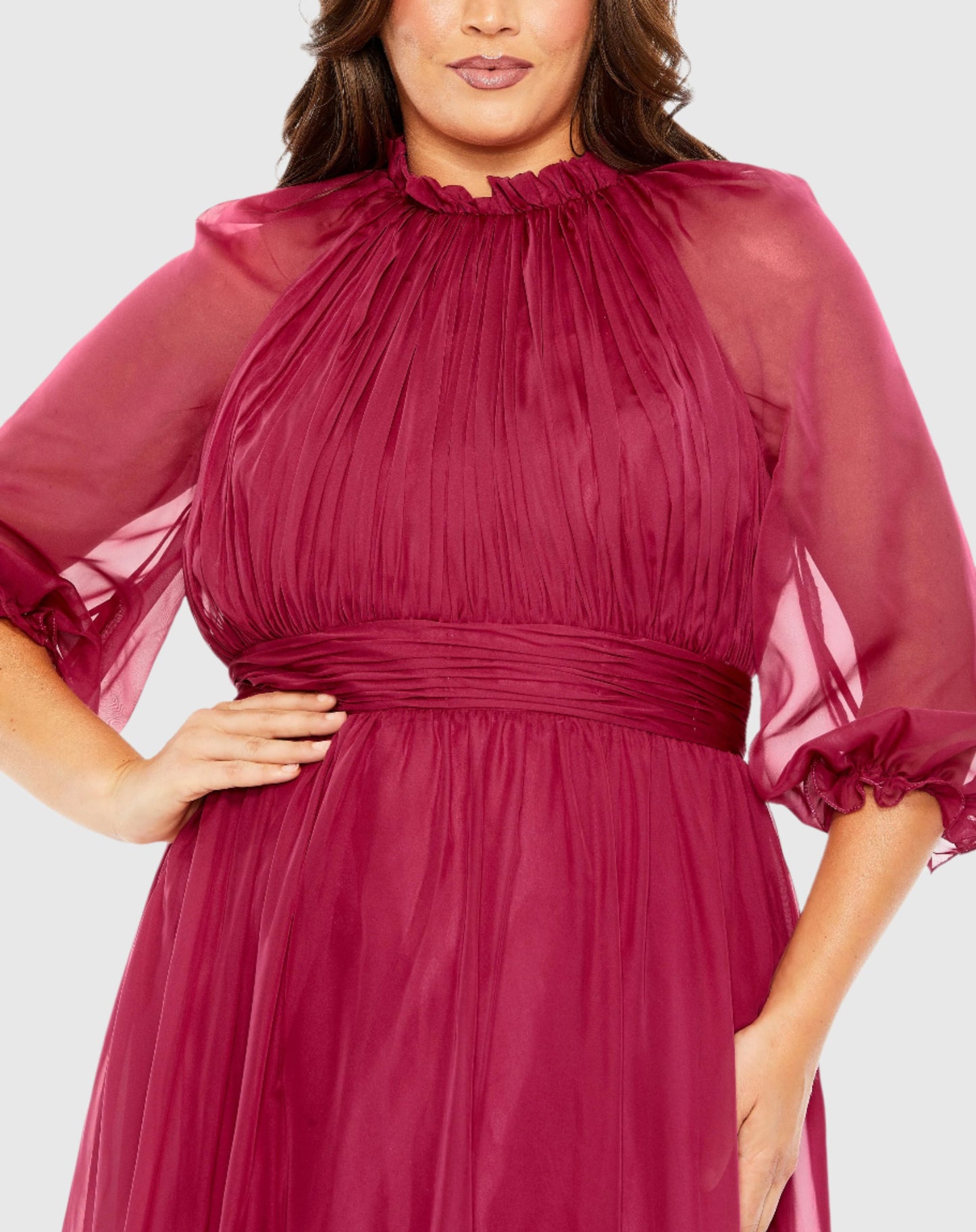 High Neck Puff Sleeve Tiered A Line Gown