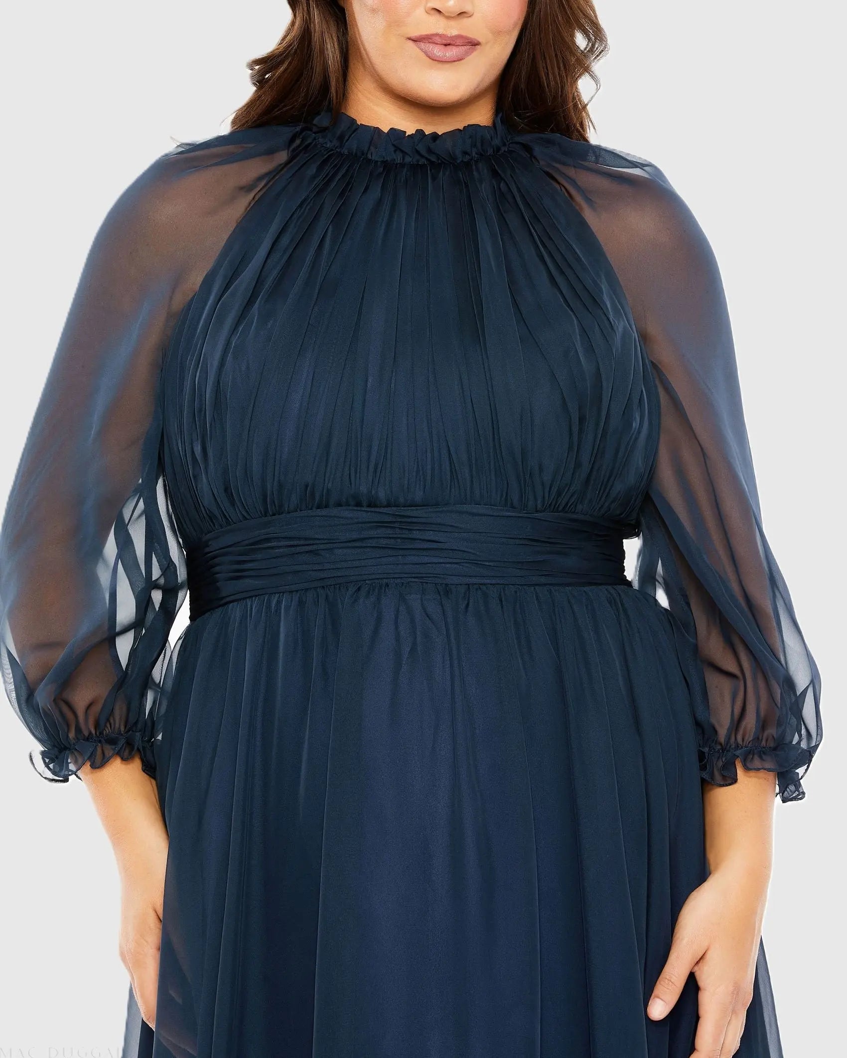 Mac Duggal - Navy High Neck Puff Sleeve Tiered A Line Gown (Plus) - US 16W Mac Duggal - Navy High Neck Puff Sleeve Tiered A Line Gown (Plus) - US 16W