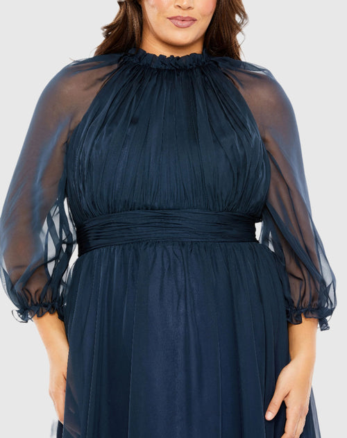 Blue High Neck Puff Sleeve Tiered A Line Gown