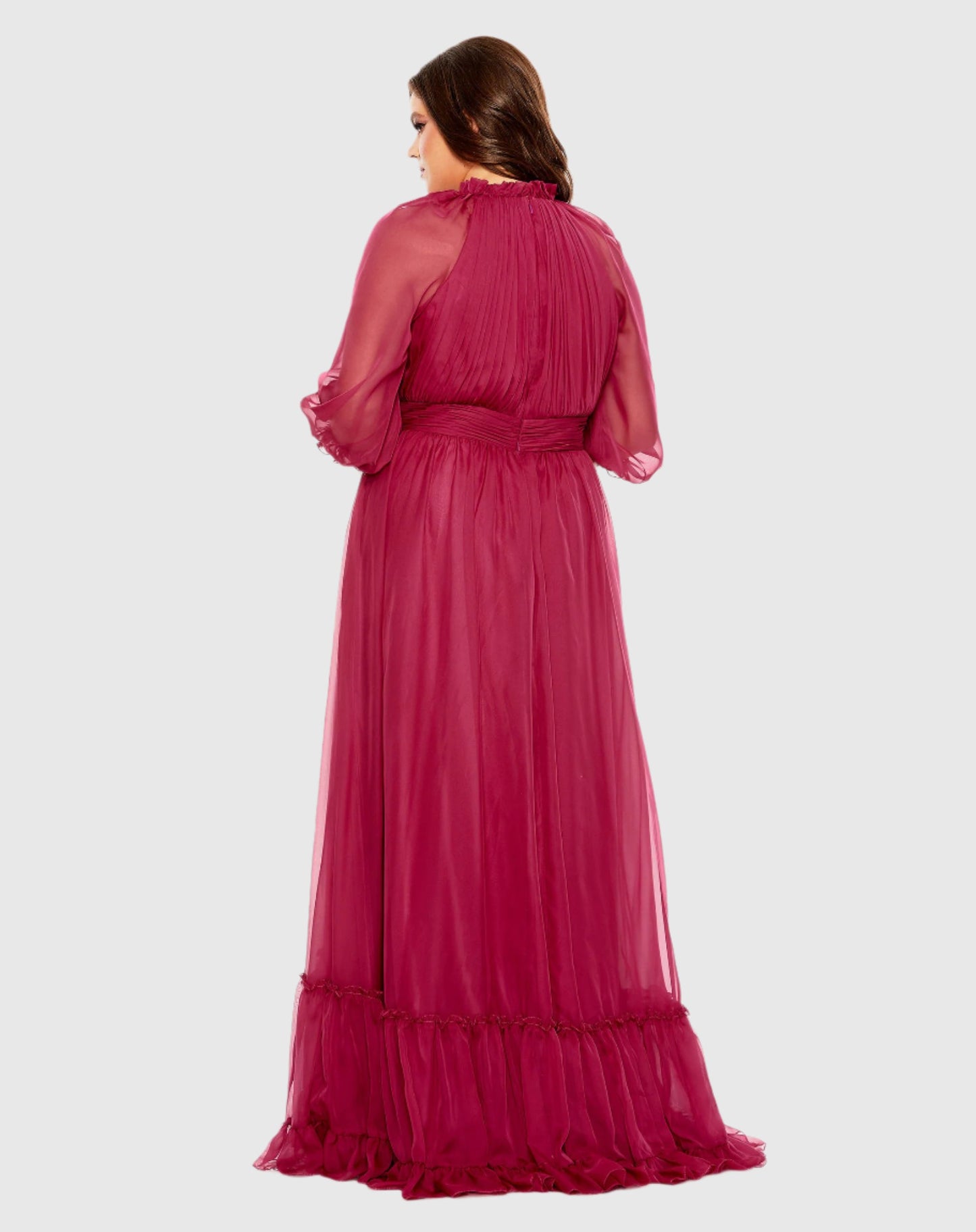 High Neck Puff Sleeve Tiered A Line Gown