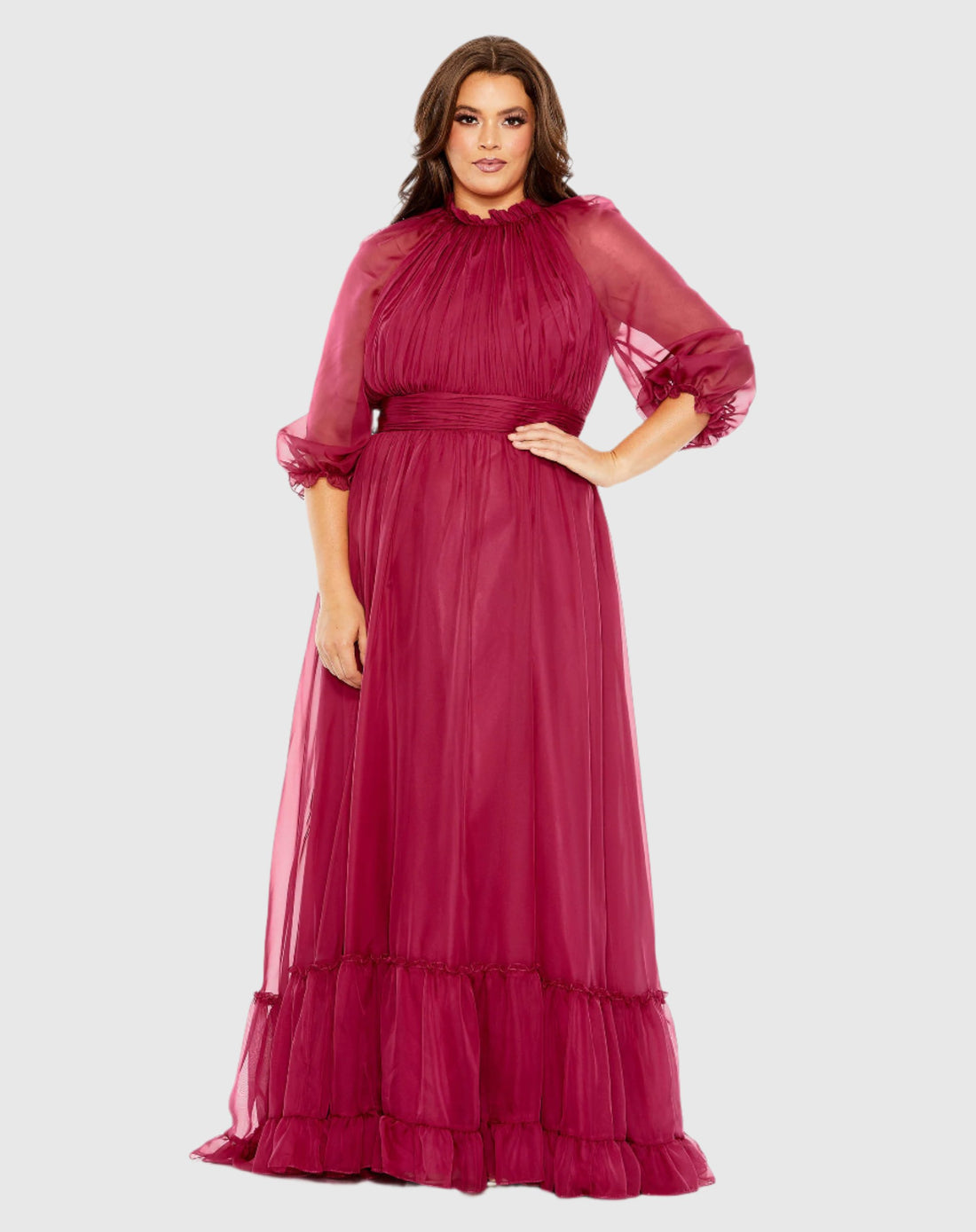 High Neck Puff Sleeve Tiered A Line Gown