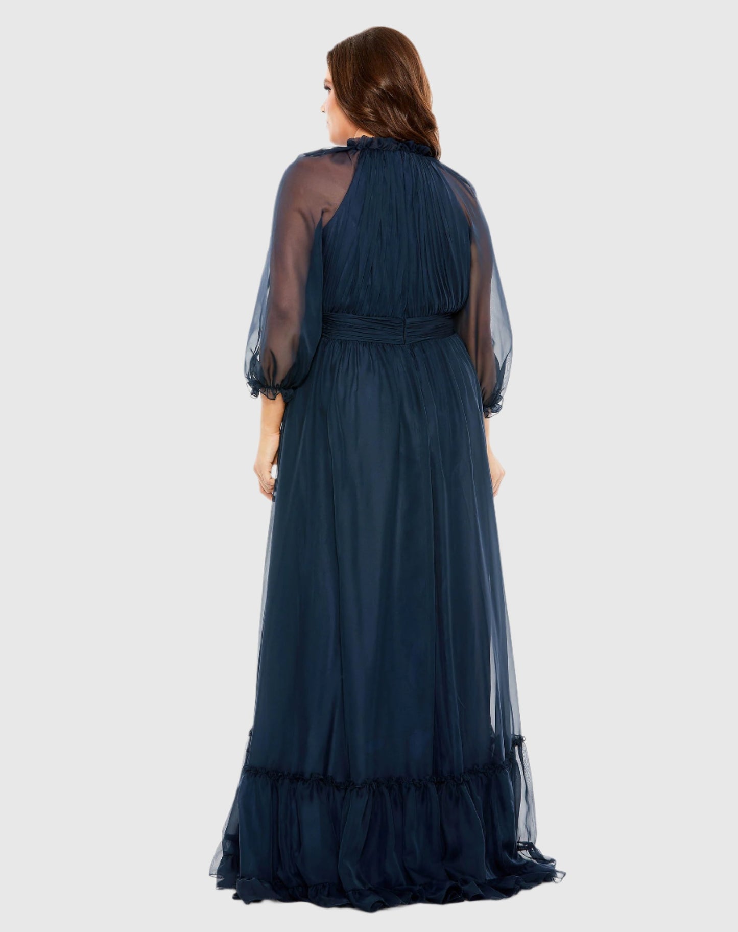 High Neck Puff Sleeve Tiered A Line Gown