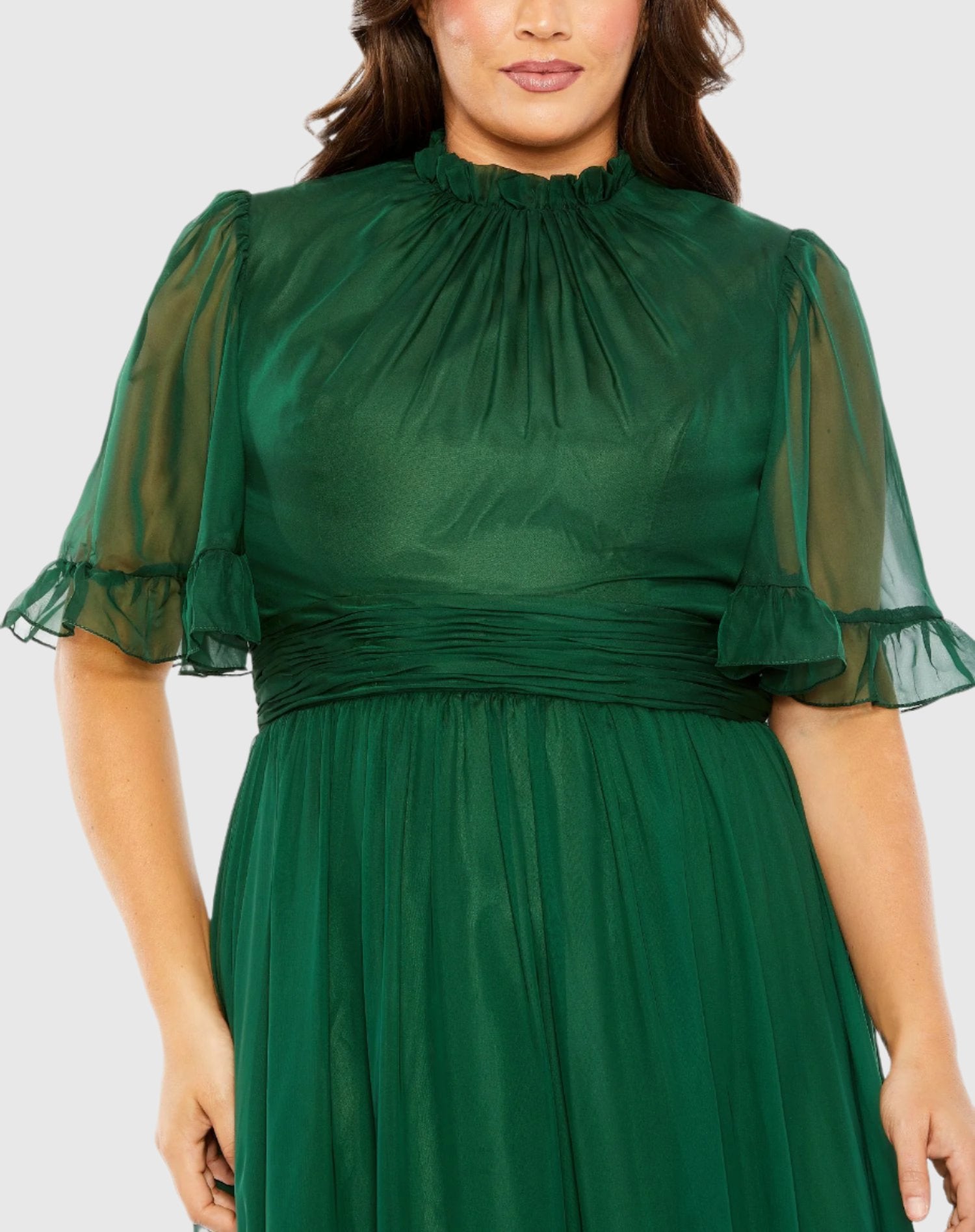 High Neck Flutter Sleeve Ruffle Tiered High Low Gown