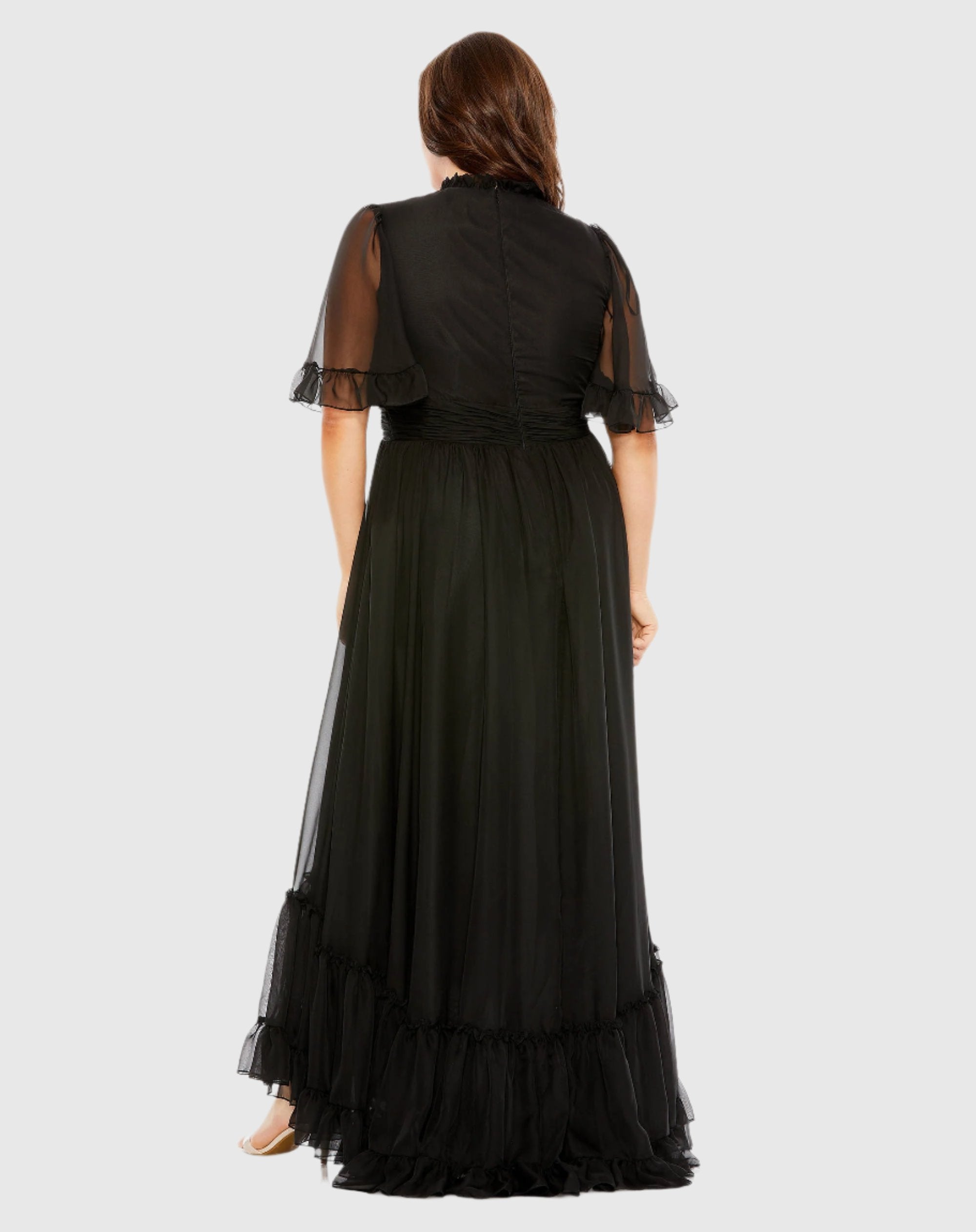 High Neck Flutter Sleeve Ruffle Tiered High Low Gown