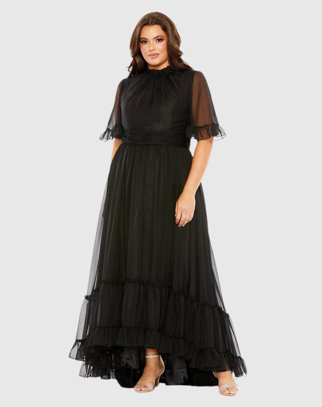 High Neck Flutter Sleeve Ruffle Tiered High Low Gown