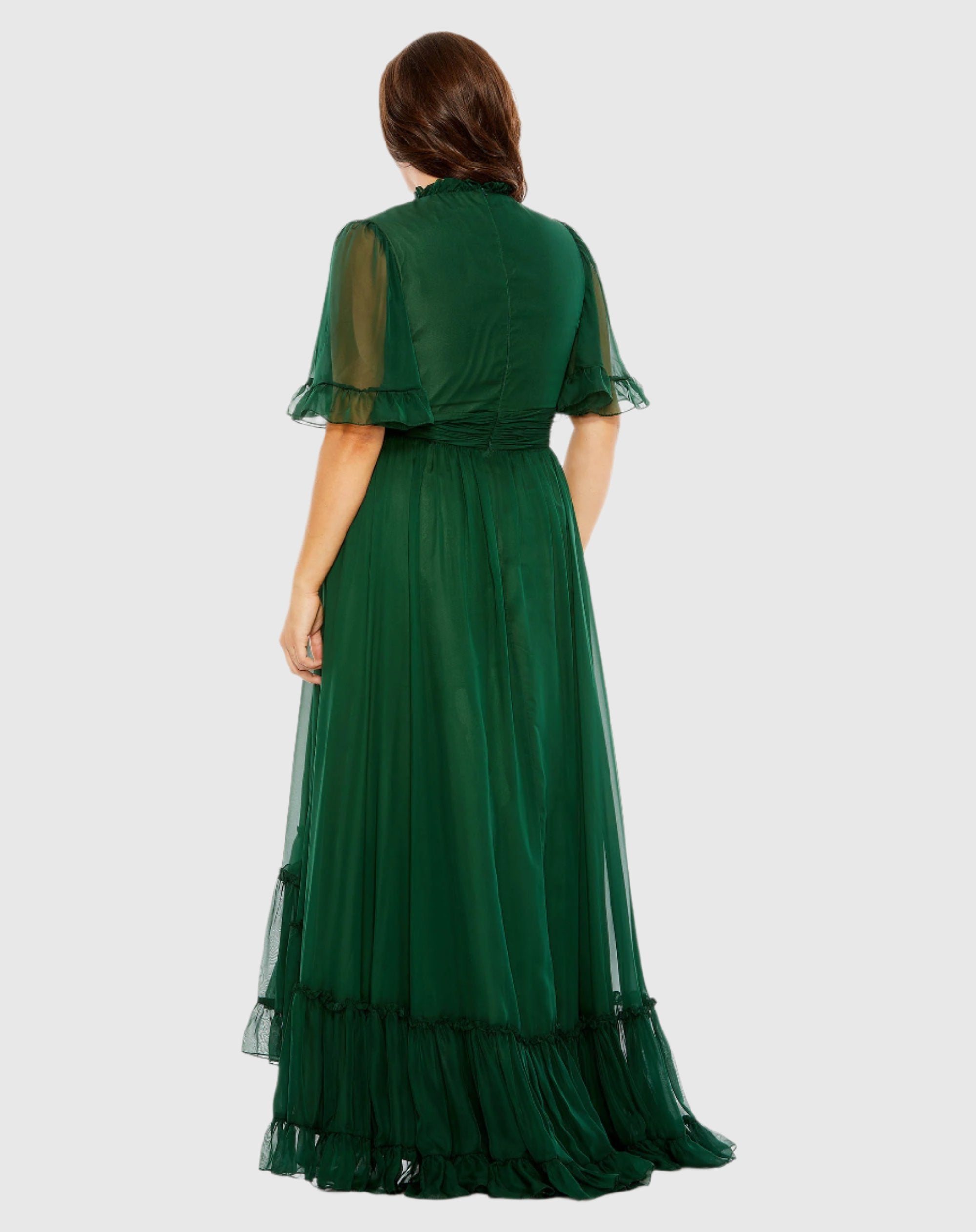 High Neck Flutter Sleeve Ruffle Tiered High Low Gown