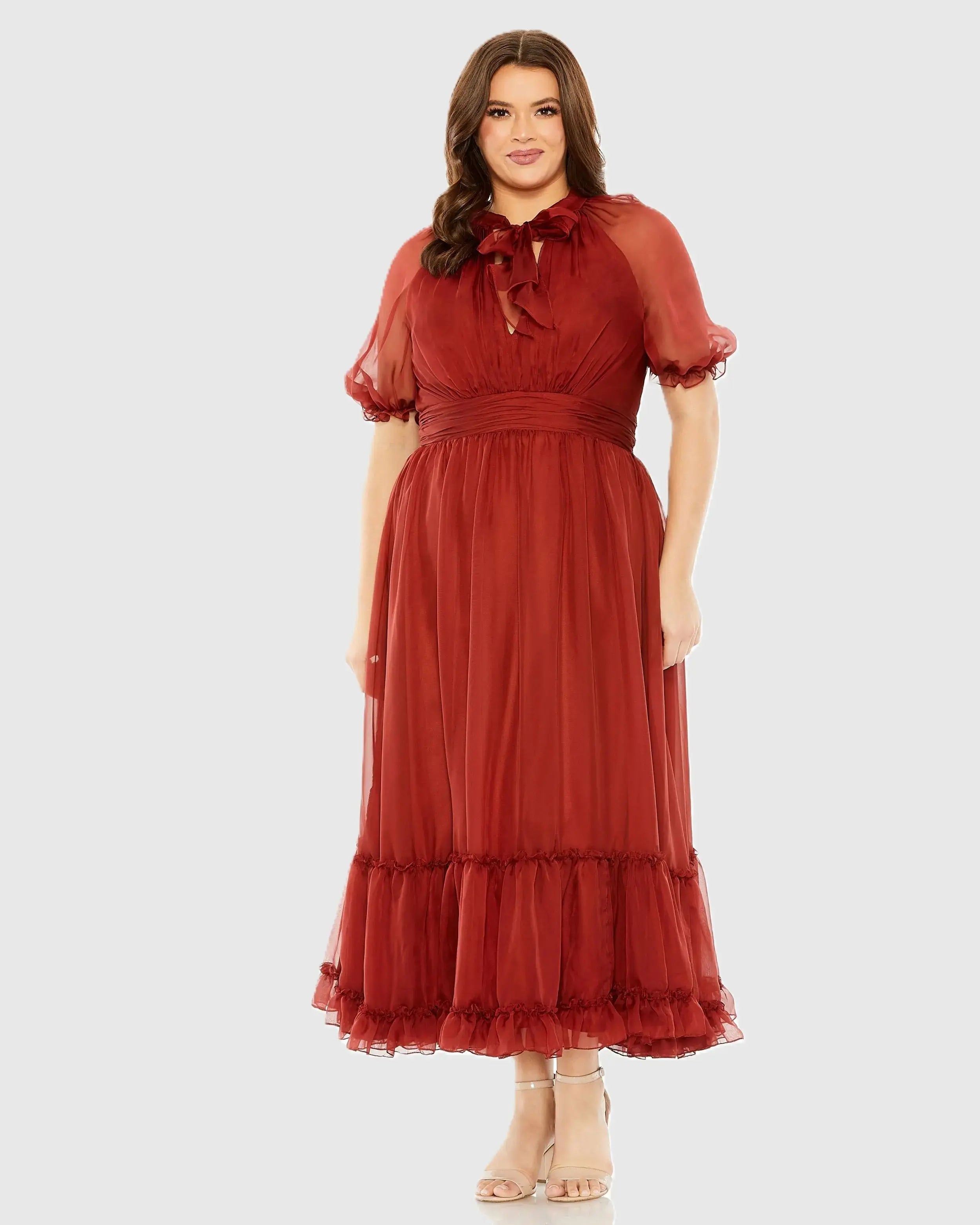 Red Sheer Puff Sleeve Dress - Mac Duggal