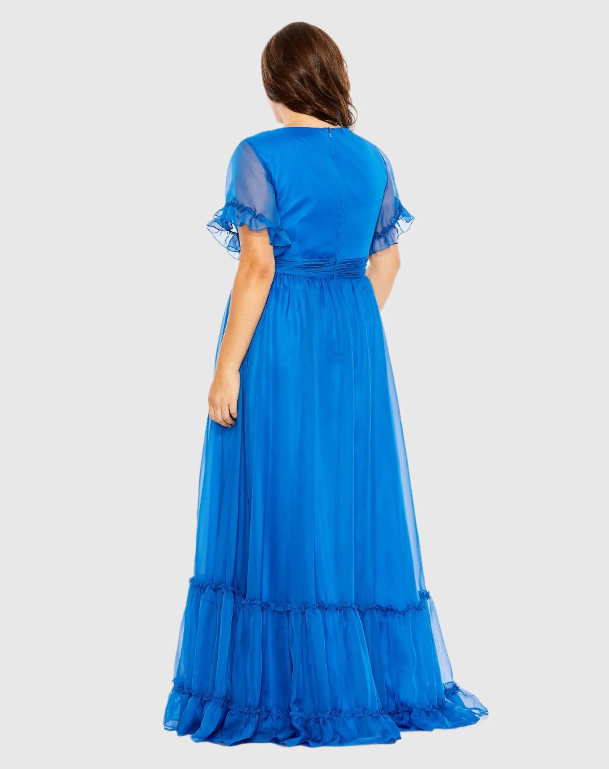Chiffon Faux Wrap Flutter Sleeve Tiered Gown (Plus) - Mac Duggal